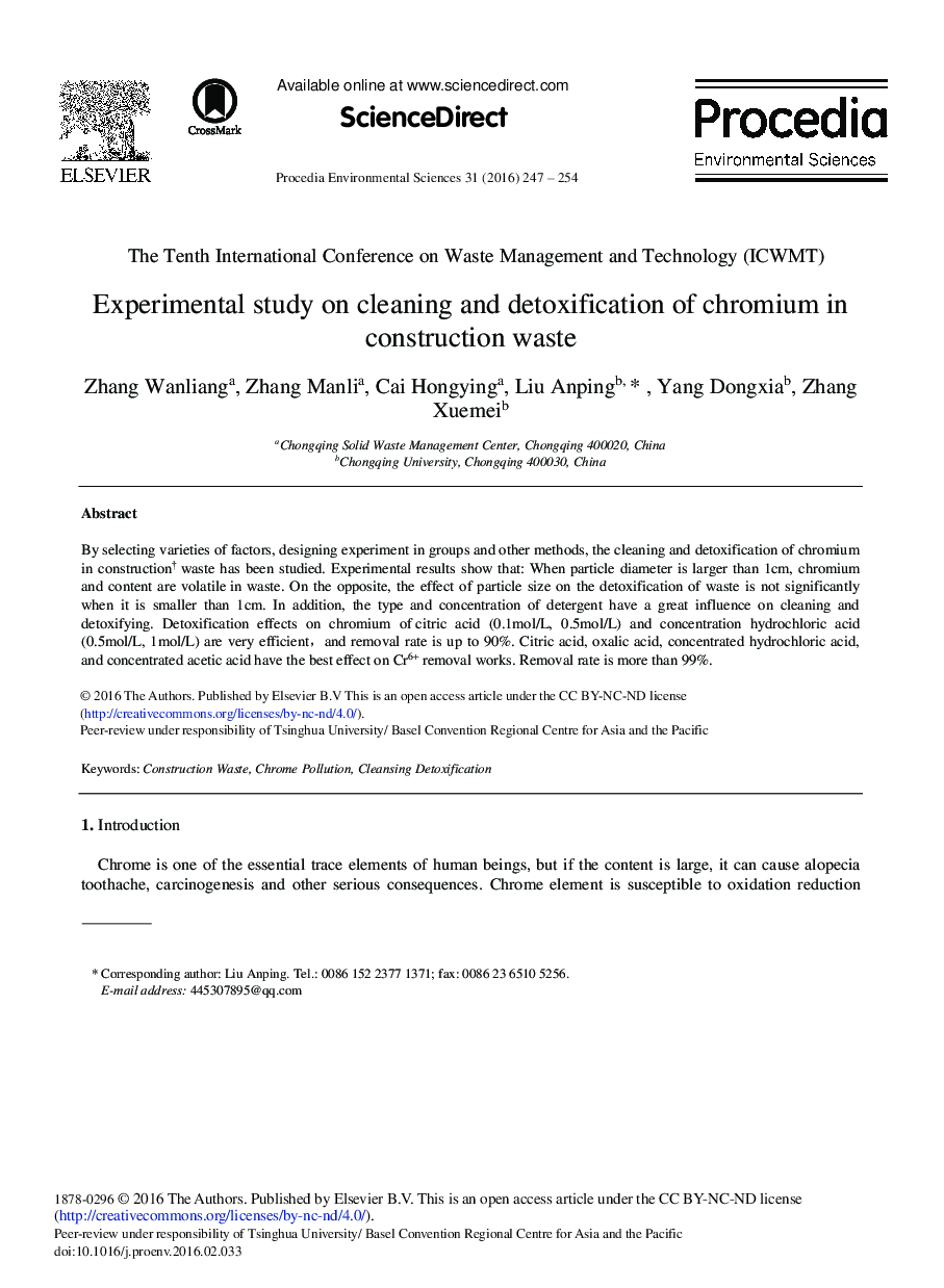 Experimental Study on Cleaning and Detoxification of Chromium in Construction Waste 