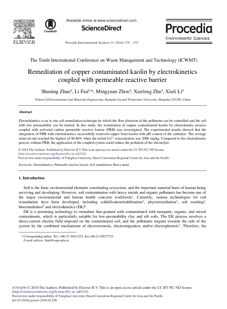 Remediation of Copper Contaminated Kaolin by Electrokinetics Coupled with Permeable Reactive Barrier 