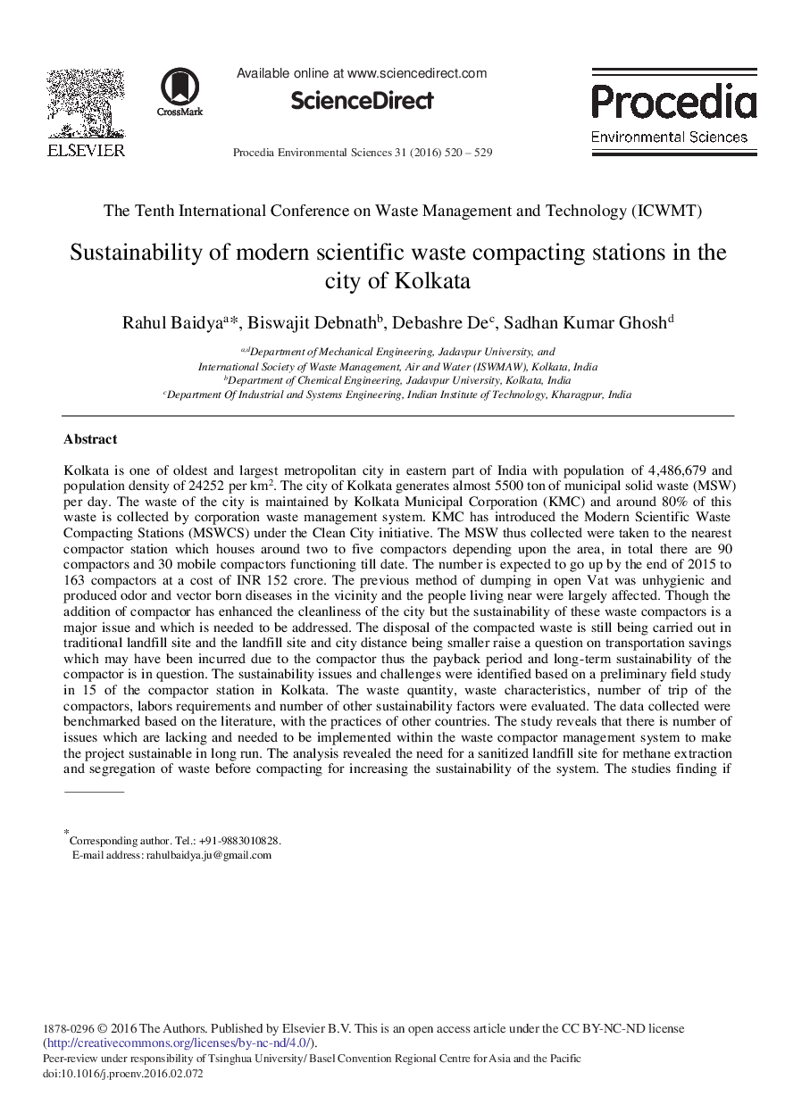 Sustainability of Modern Scientific Waste Compacting Stations in the City of Kolkata 