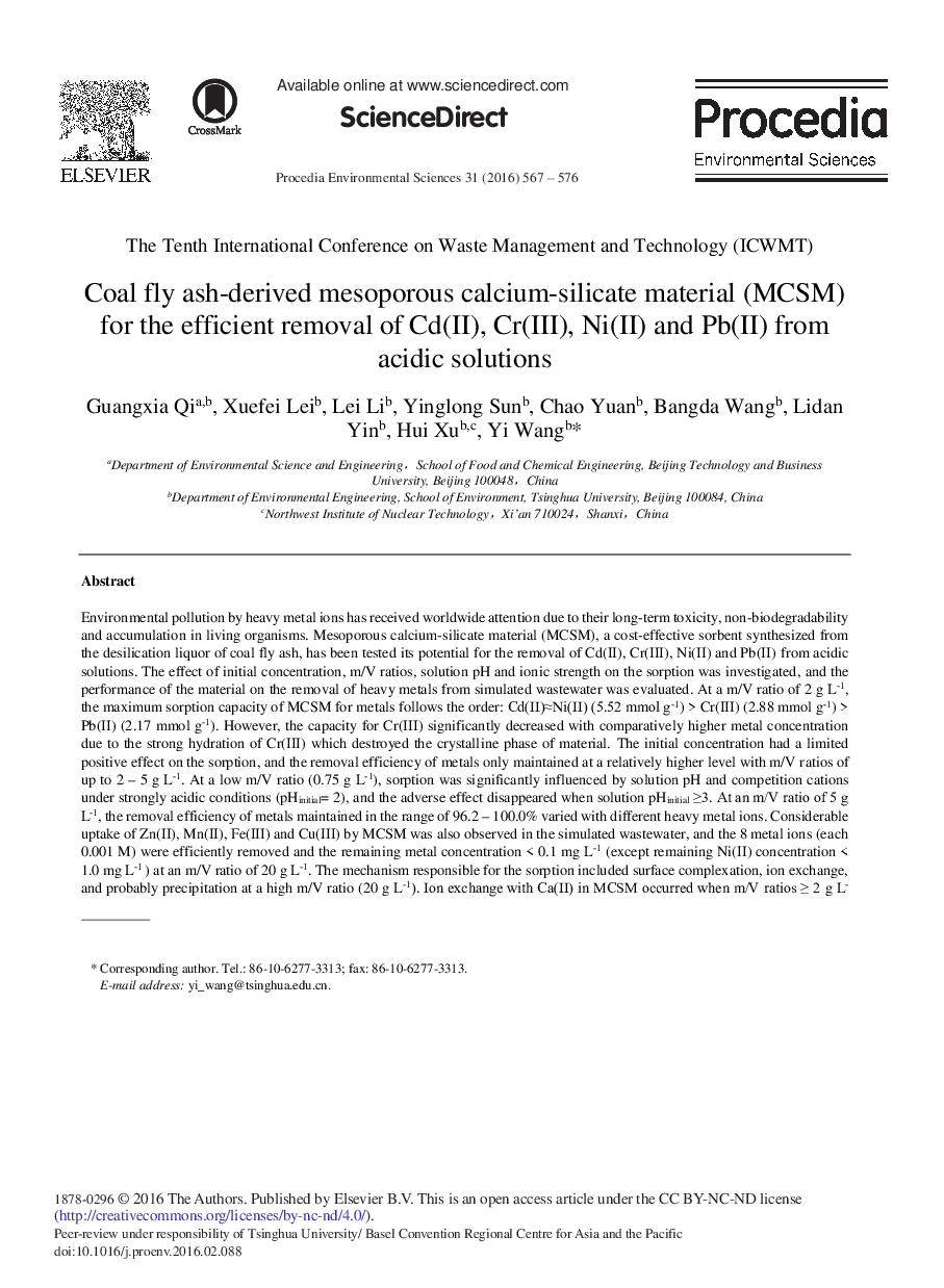 Coal Fly Ash-derived Mesoporous Calcium-Silicate Material (MCSM) for the Efficient Removal of Cd(II), Cr(III), Ni(II) and Pb(II) from Acidic Solutions 