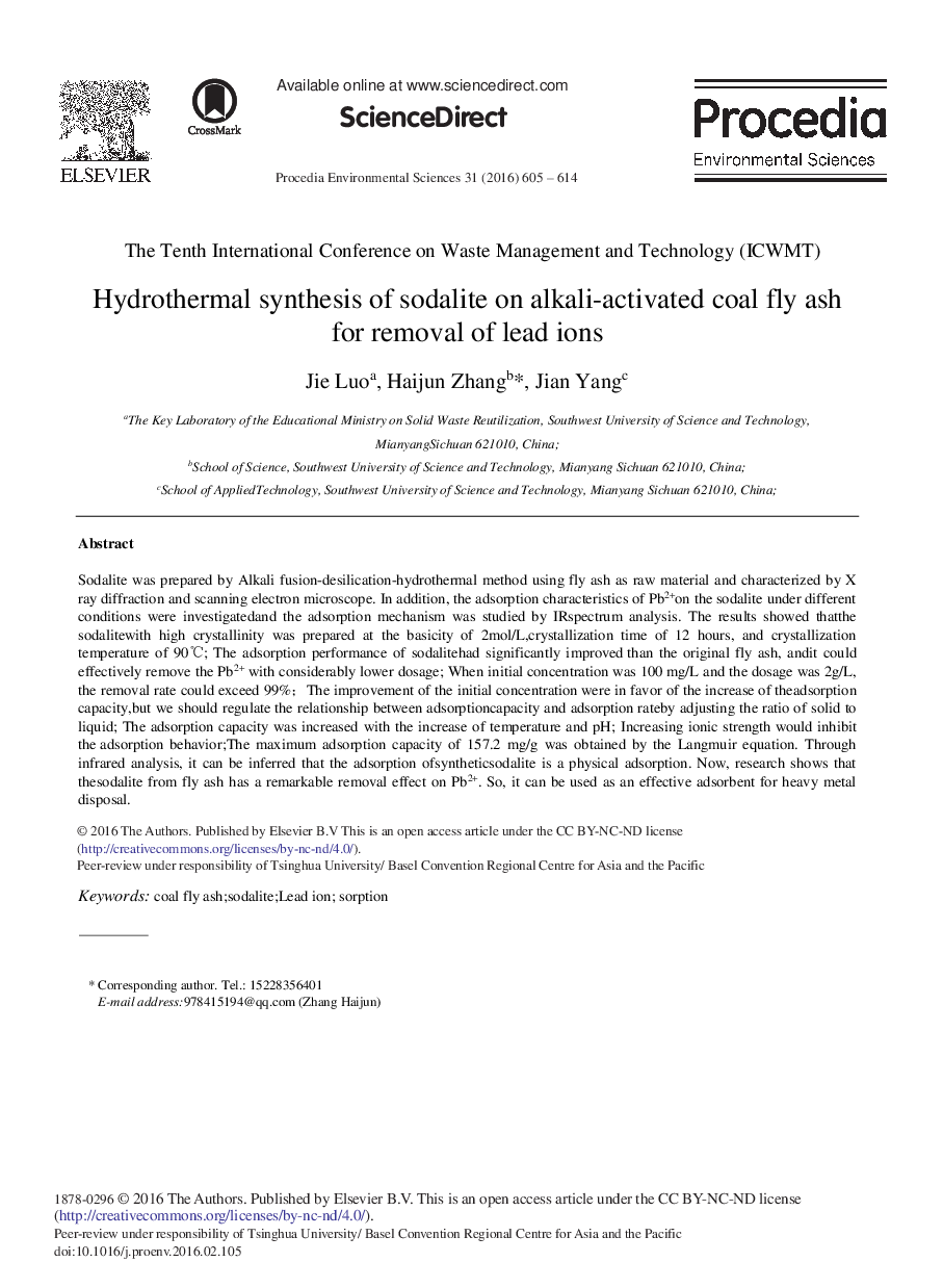 Hydrothermal Synthesis of Sodalite on Alkali-Activated Coal Fly Ash for Removal of Lead Ions 