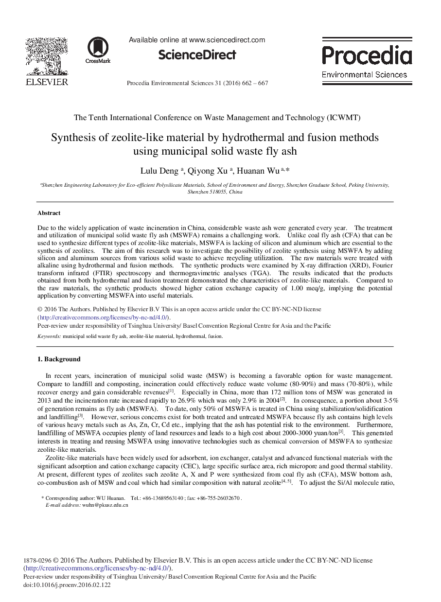 سنتز مواد مشابه Zeolite توسط روش های هیدروترمال و فیوژن با استفاده از خاک بازیافت جامد شهری ☆