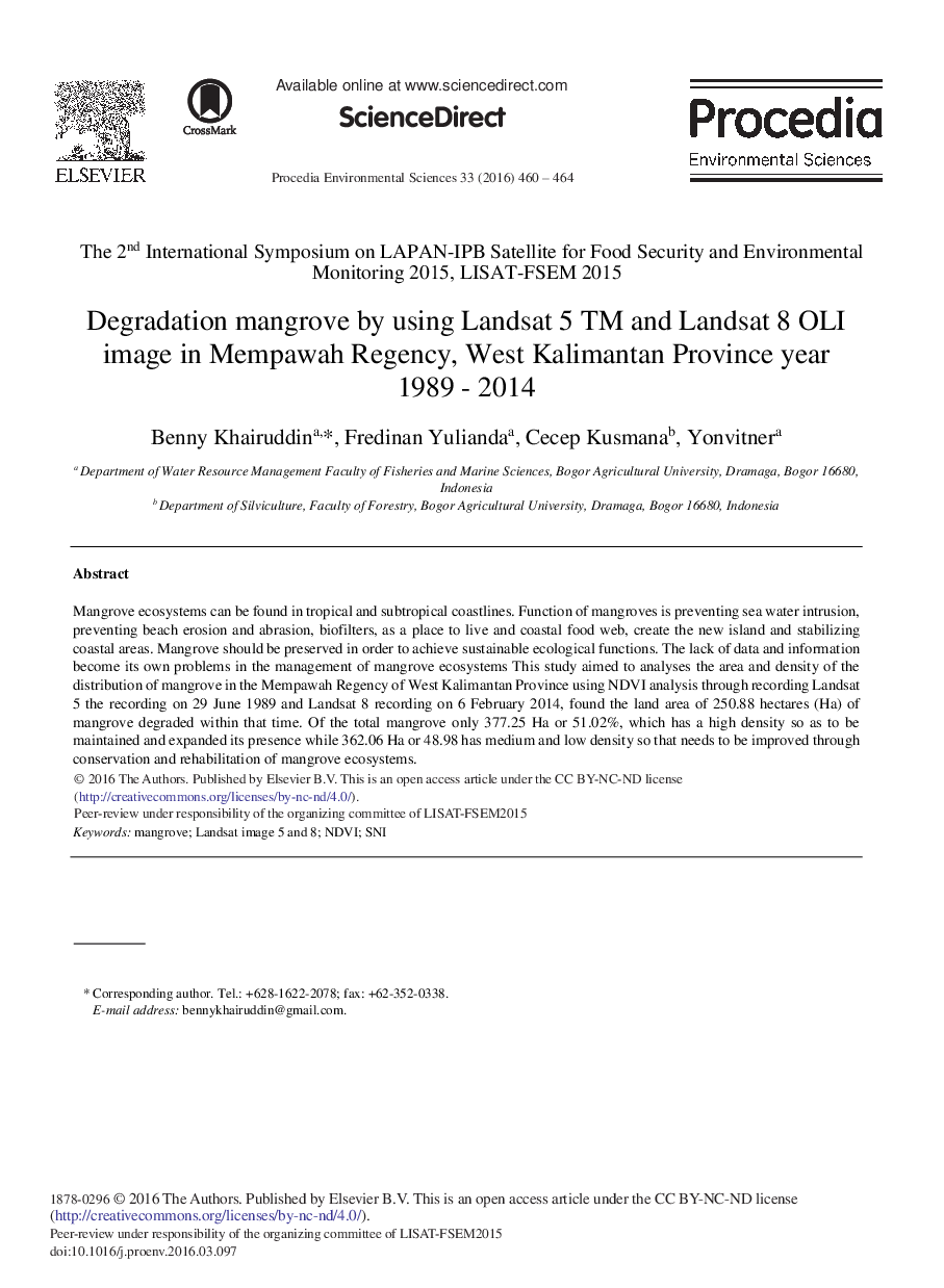 Degradation Mangrove by Using Landsat 5 TM and Landsat 8 OLI Image in Mempawah Regency, West Kalimantan Province year 1989 - 2014 