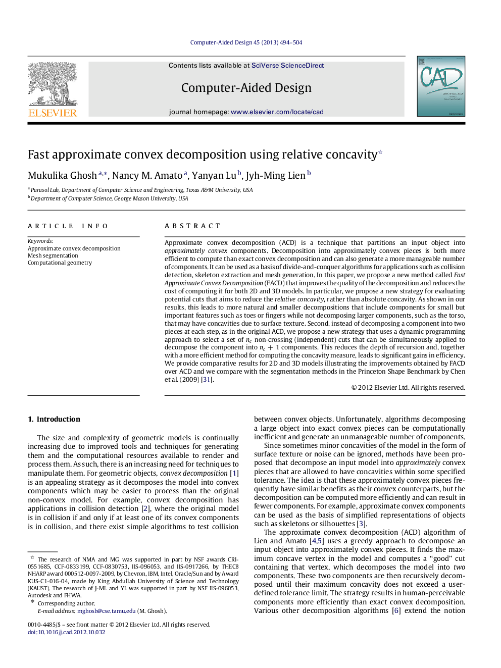 Fast approximate convex decomposition using relative concavity 