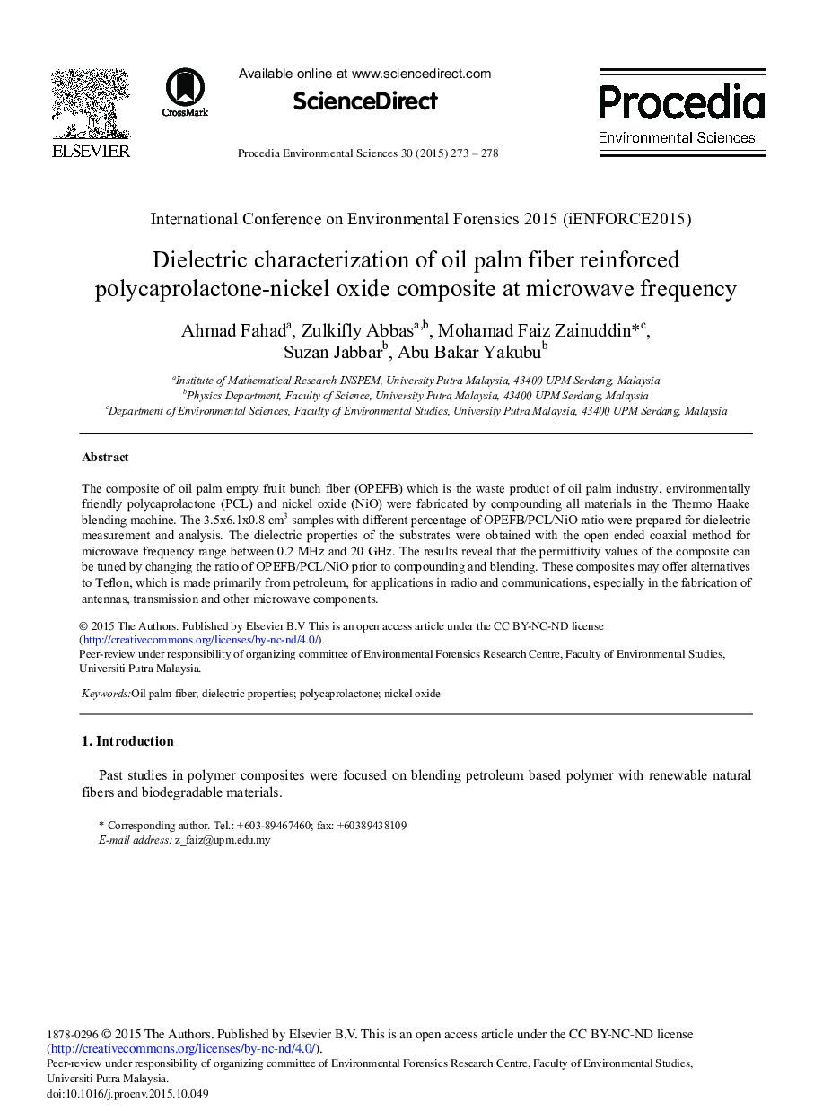 Dielectric Characterization of Oil Palm Fiber Reinforced Polycaprolactone-nickel Oxide Composite at Microwave Frequency 