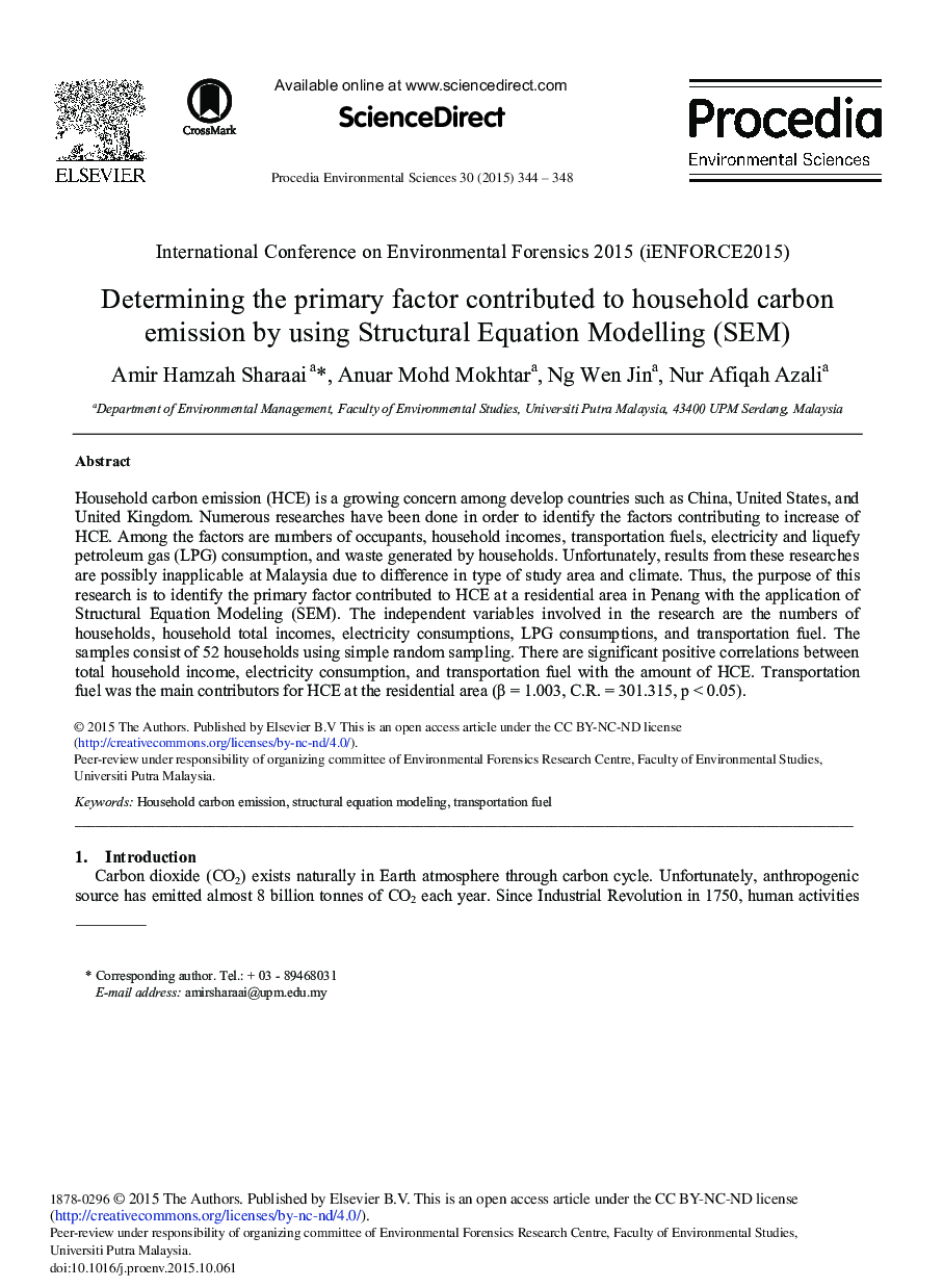 عکس صفحه اول مقاله: Determining the Primary Factor Contributed to Household Carbon Emission by Using Structural Equation Modelling (SEM) Determining the Primary Factor Contributed to Household Carbon Emission by Using Structural Equation Modelling (SEM)