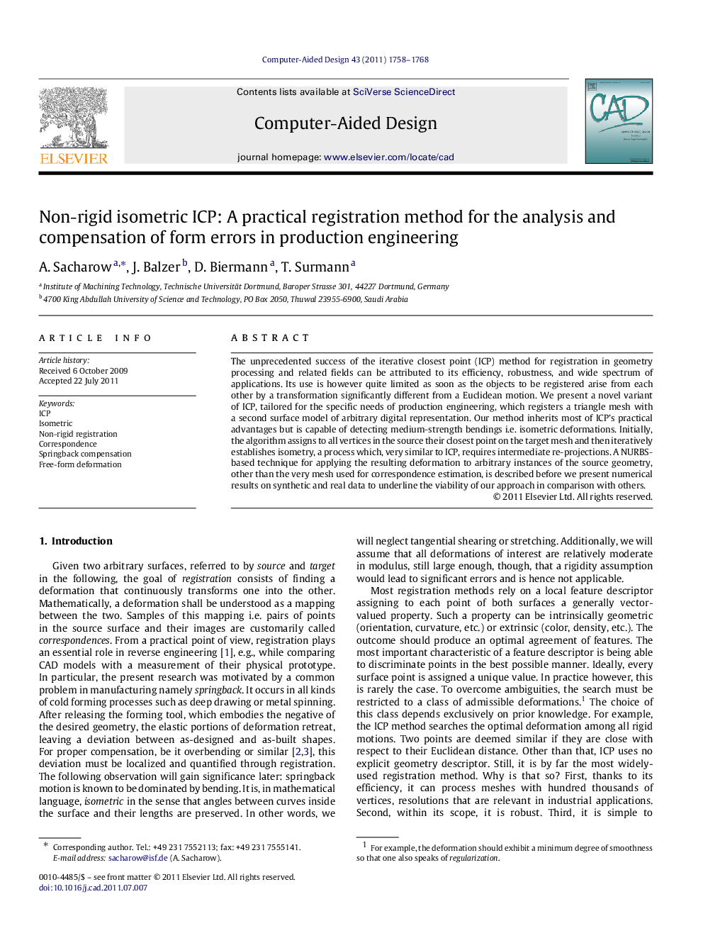 Non-rigid isometric ICP: A practical registration method for the analysis and compensation of form errors in production engineering