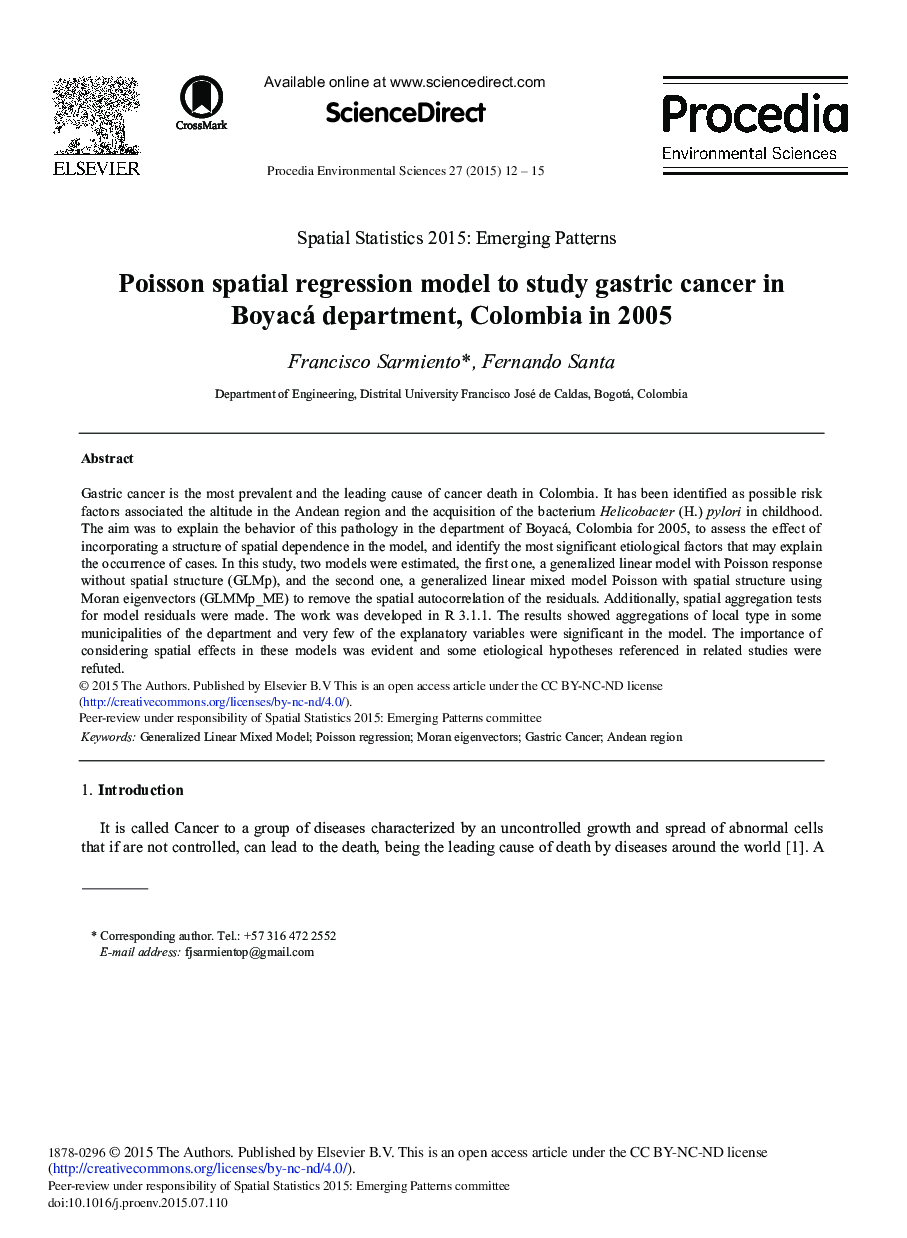 عکس صفحه اول مقاله: Poisson Spatial Regression Model to Study Gastric Cancer in Boyacá Department, Colombia in 2005 Poisson Spatial Regression Model to Study Gastric Cancer in Boyacá Department, Colombia in 2005