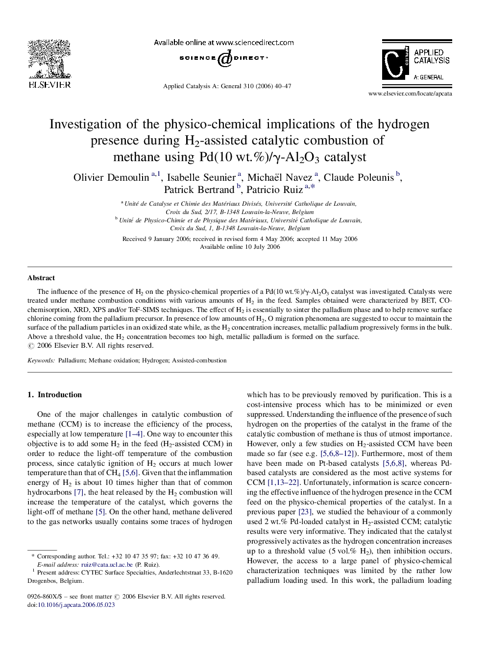 Investigation of the physico-chemical implications of the hydrogen presence during H2-assisted catalytic combustion of methane using Pd(10 wt.%)/γ-Al2O3 catalyst