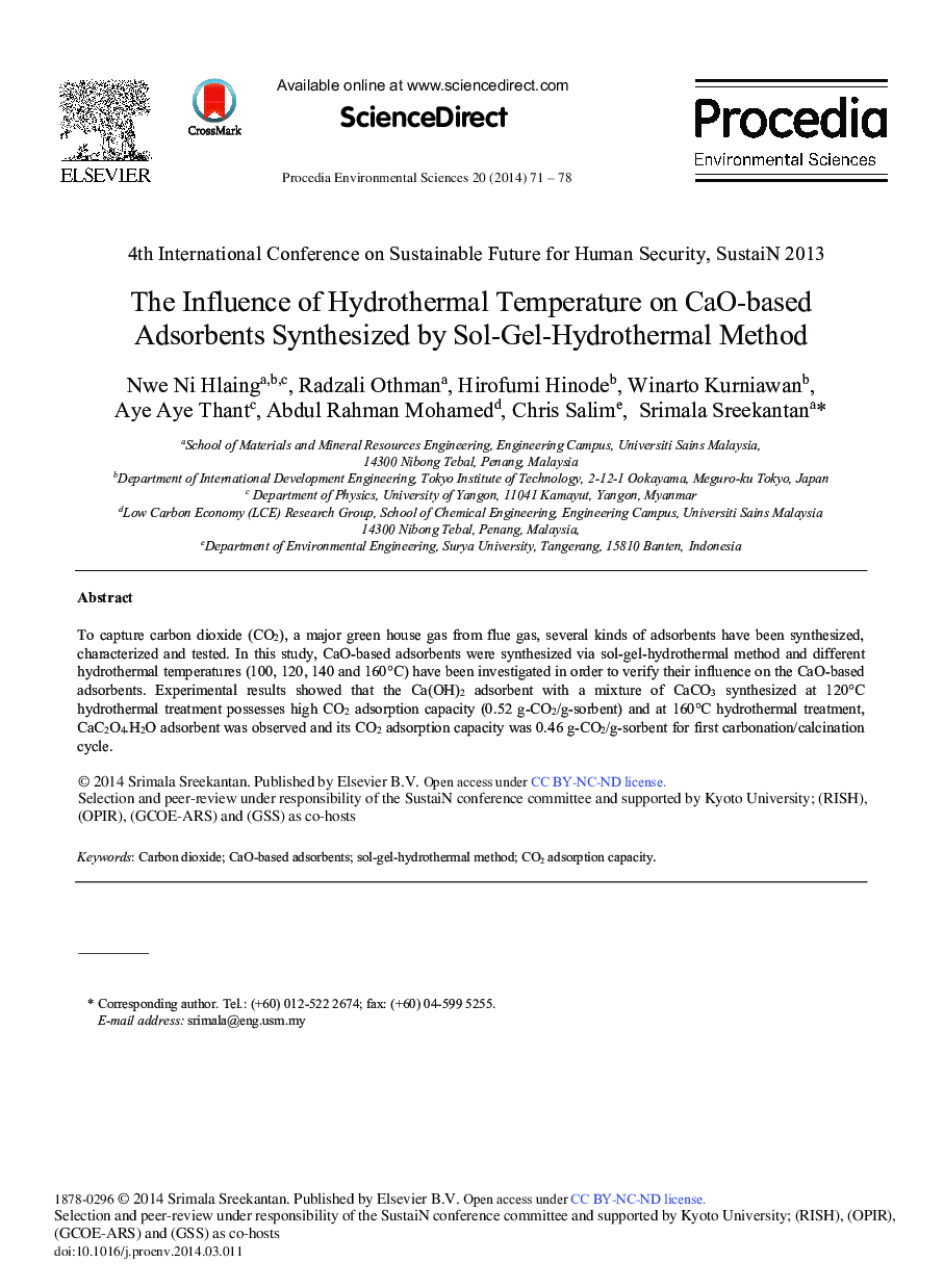 عکس صفحه اول مقاله: The Influence of Hydrothermal Temperature on CaO-based Adsorbents Synthesized by Sol-Gel-Hydrothermal Method The Influence of Hydrothermal Temperature on CaO-based Adsorbents Synthesized by Sol-Gel-Hydrothermal Method