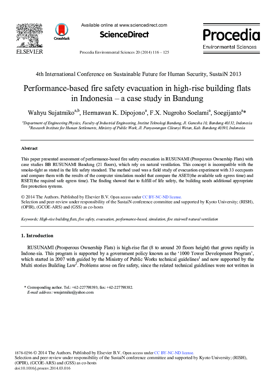 عکس صفحه اول مقاله: Performance-based Fire Safety Evacuation in High-rise Building Flats in Indonesia – A Case Study in Bandung Performance-based Fire Safety Evacuation in High-rise Building Flats in Indonesia – A Case Study in Bandung