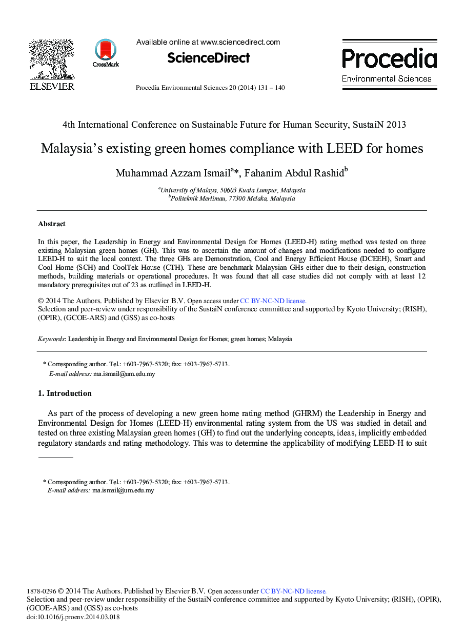 عکس صفحه اول مقاله: Malaysia's Existing Green Homes Compliance with LEED for Homes Malaysia's Existing Green Homes Compliance with LEED for Homes