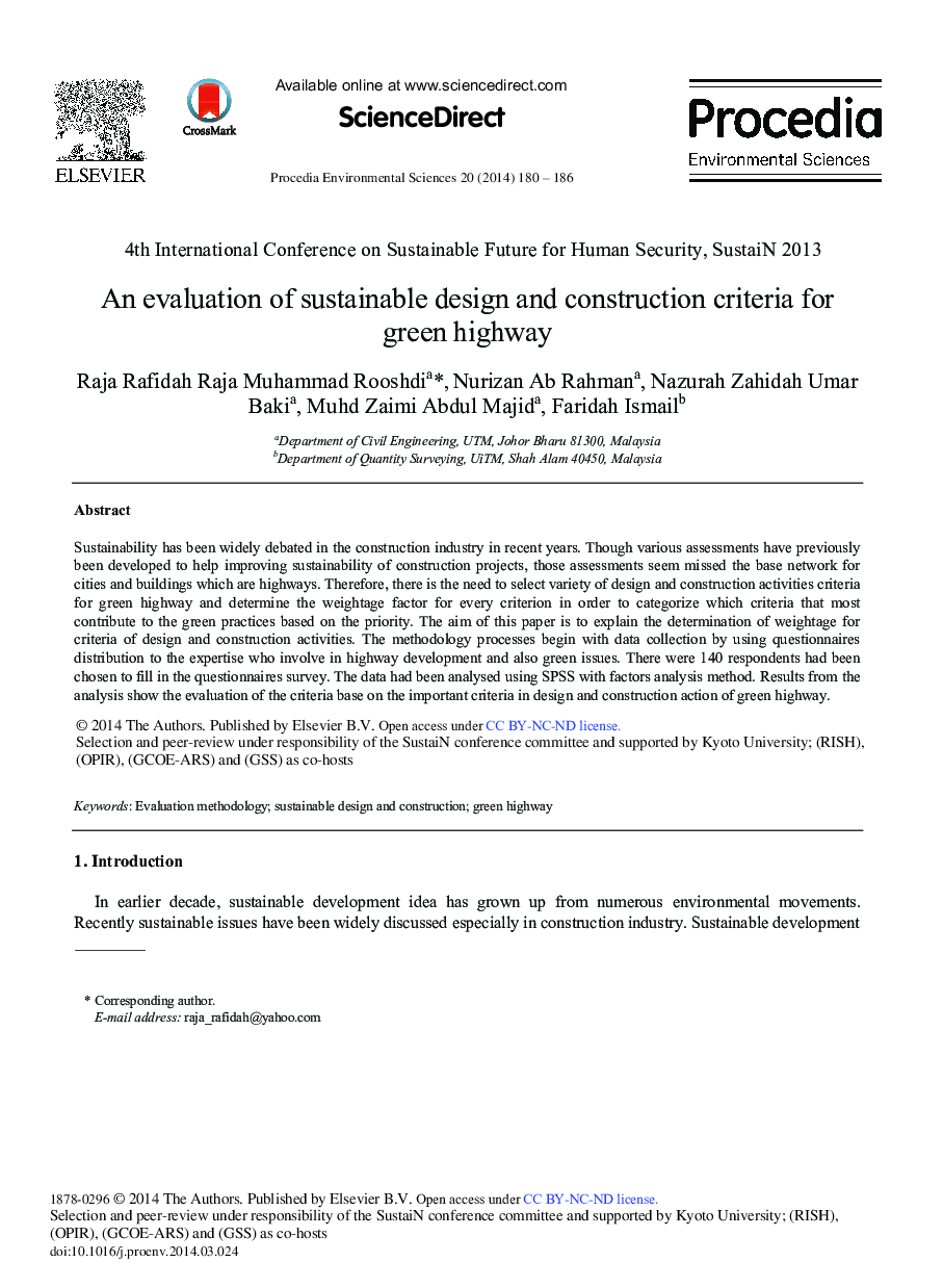 عکس صفحه اول مقاله: An Evaluation of Sustainable Design and Construction Criteria for Green Highway An Evaluation of Sustainable Design and Construction Criteria for Green Highway