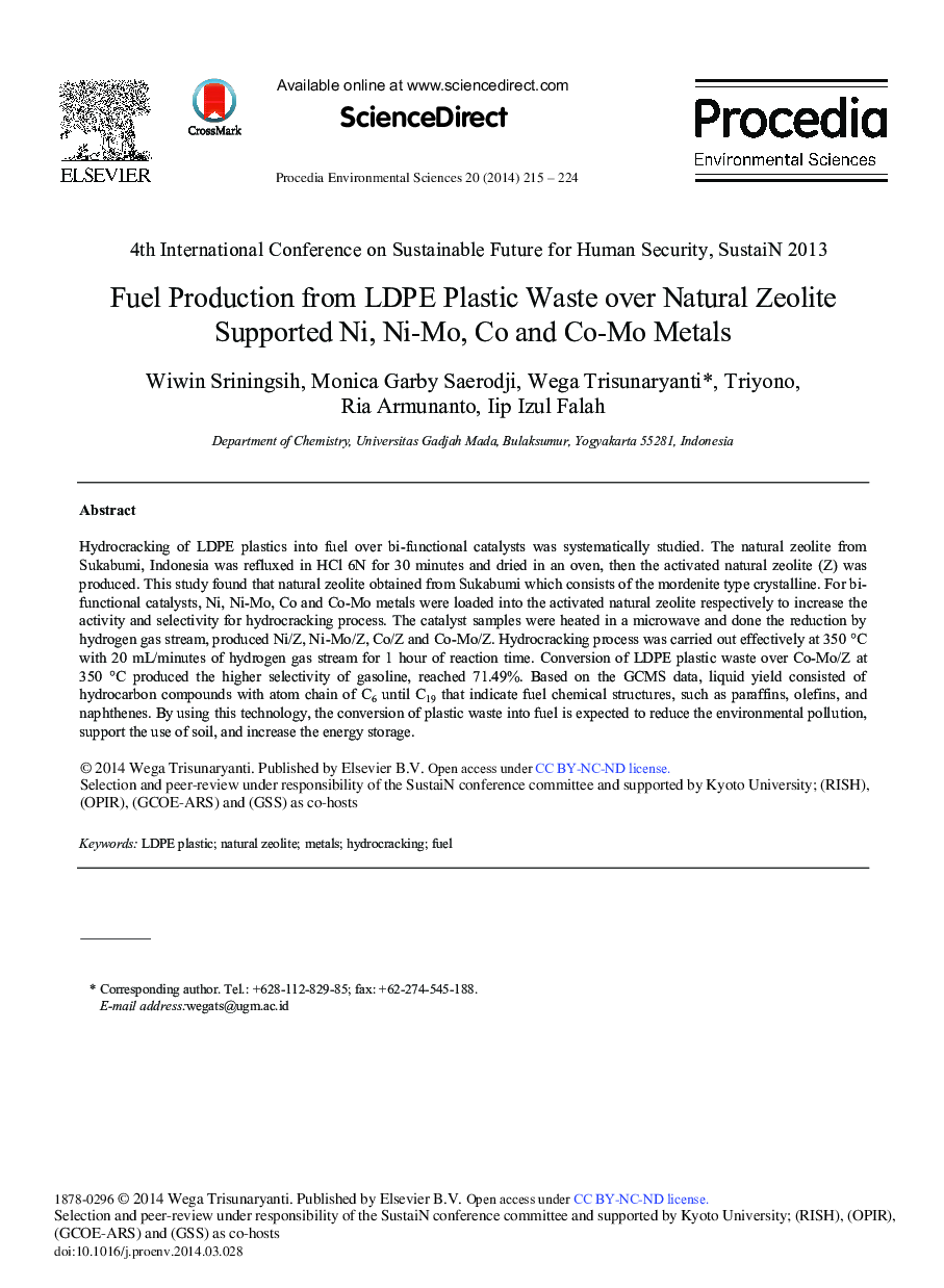عکس صفحه اول مقاله: Fuel Production from LDPE Plastic Waste over Natural Zeolite Supported Ni, Ni-Mo, Co and Co-Mo Metals Fuel Production from LDPE Plastic Waste over Natural Zeolite Supported Ni, Ni-Mo, Co and Co-Mo Metals