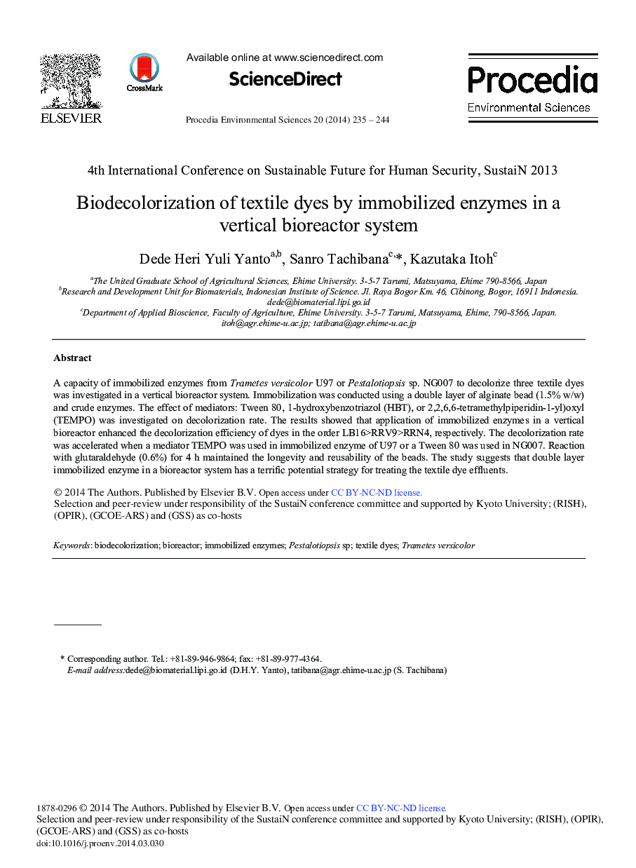 عکس صفحه اول مقاله: Biodecolorization of Textile Dyes by Immobilized Enzymes in a Vertical Bioreactor System Biodecolorization of Textile Dyes by Immobilized Enzymes in a Vertical Bioreactor System
