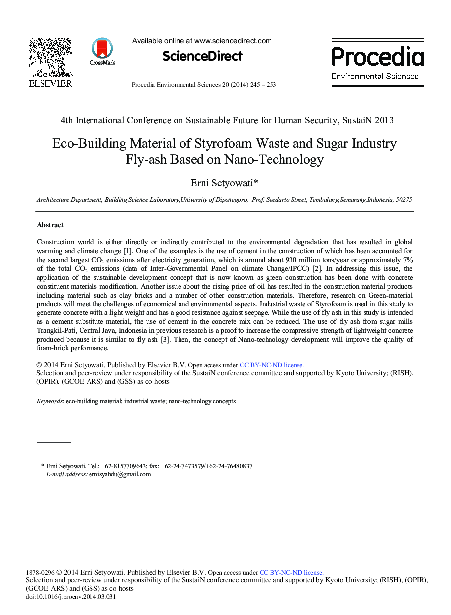 عکس صفحه اول مقاله: Eco-building Material of Styrofoam Waste and Sugar Industry Fly-ash based on Nano-technology Eco-building Material of Styrofoam Waste and Sugar Industry Fly-ash based on Nano-technology