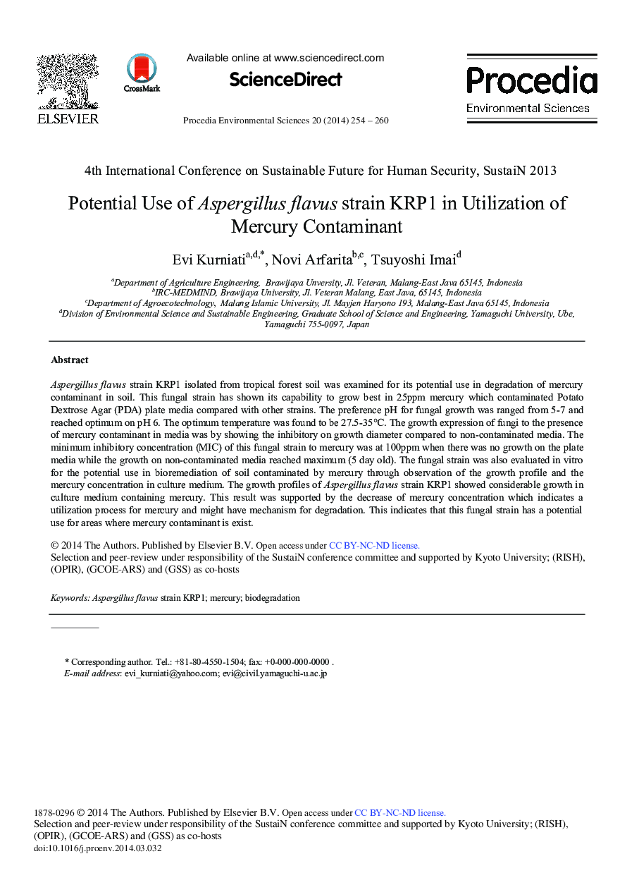 Potential Use of Aspergillus Flavus Strain KRP1 in Utilization of Mercury Contaminant 