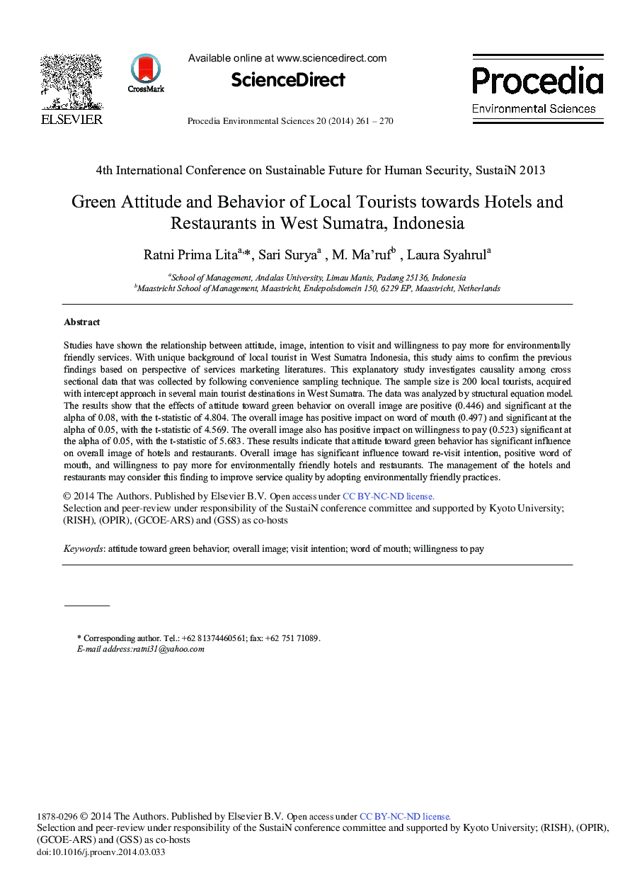 عکس صفحه اول مقاله: Green Attitude and Behavior of Local Tourists towards Hotels and Restaurants in West Sumatra, Indonesia Green Attitude and Behavior of Local Tourists towards Hotels and Restaurants in West Sumatra, Indonesia