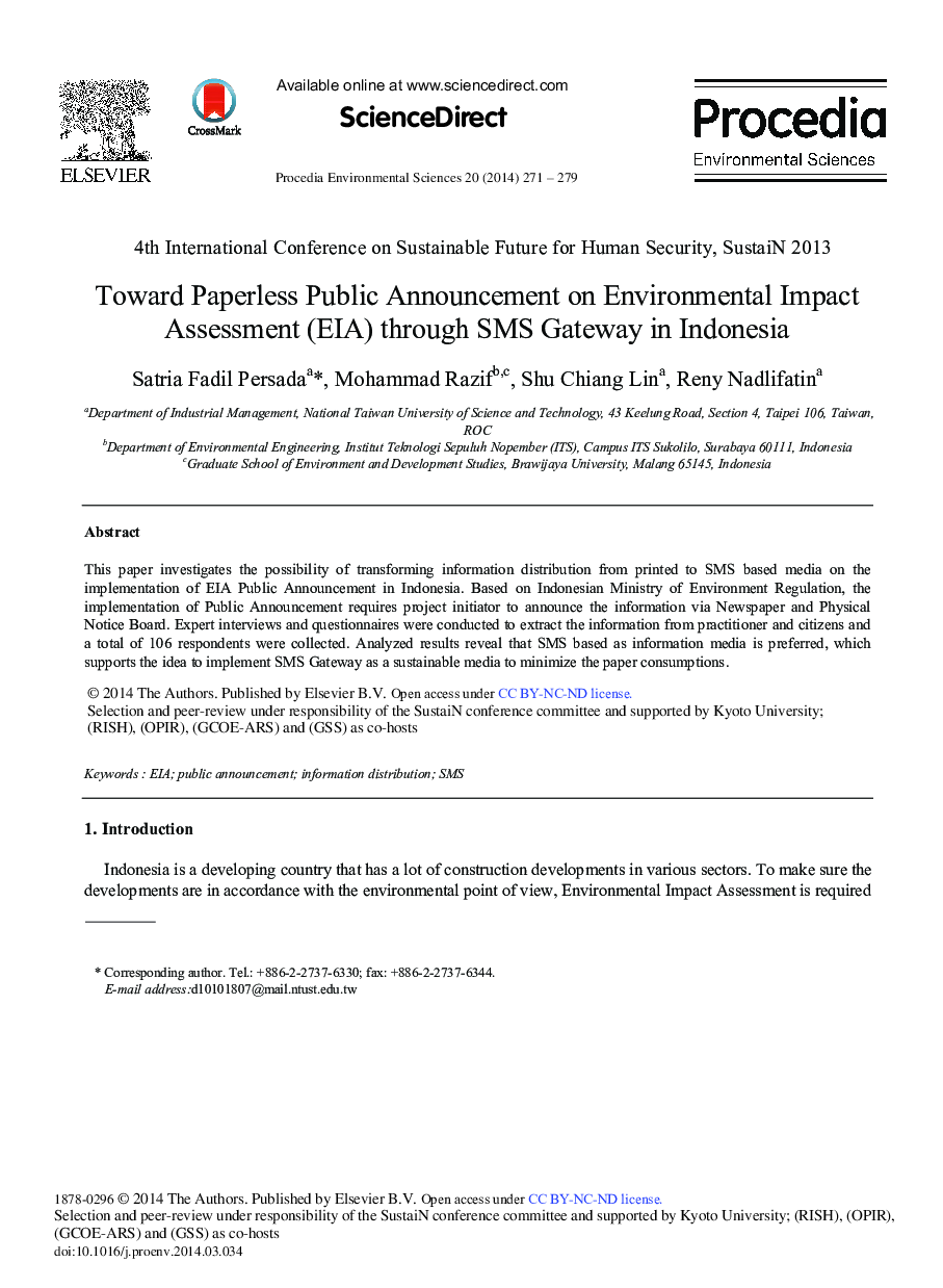 عکس صفحه اول مقاله: Toward Paperless Public Announcement on Environmental Impact Assessment (EIA) through SMS Gateway in Indonesia Toward Paperless Public Announcement on Environmental Impact Assessment (EIA) through SMS Gateway in Indonesia