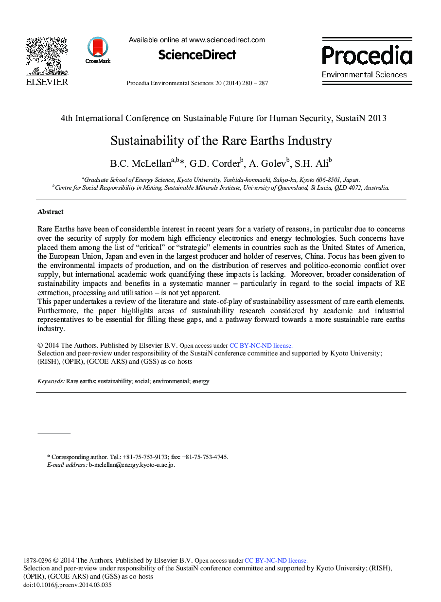عکس صفحه اول مقاله: Sustainability of the Rare Earths Industry Sustainability of the Rare Earths Industry
