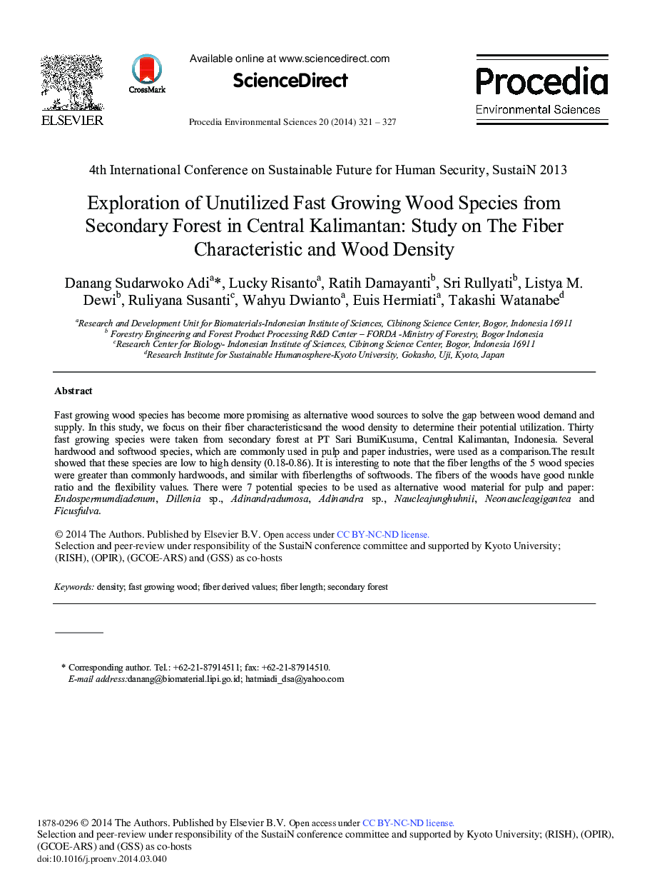 Exploration of Unutilized Fast Growing Wood Species from Secondary Forest in Central Kalimantan: Study on the Fiber Characteristic and Wood Density 