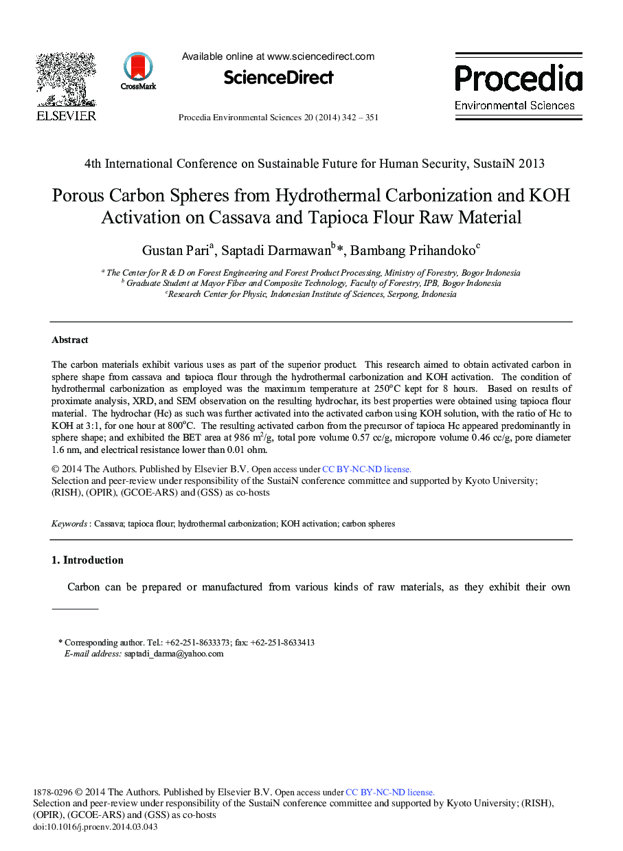 عکس صفحه اول مقاله: Porous Carbon Spheres from Hydrothermal Carbonization and KOH Activation on Cassava and Tapioca Flour Raw Material Porous Carbon Spheres from Hydrothermal Carbonization and KOH Activation on Cassava and Tapioca Flour Raw Material