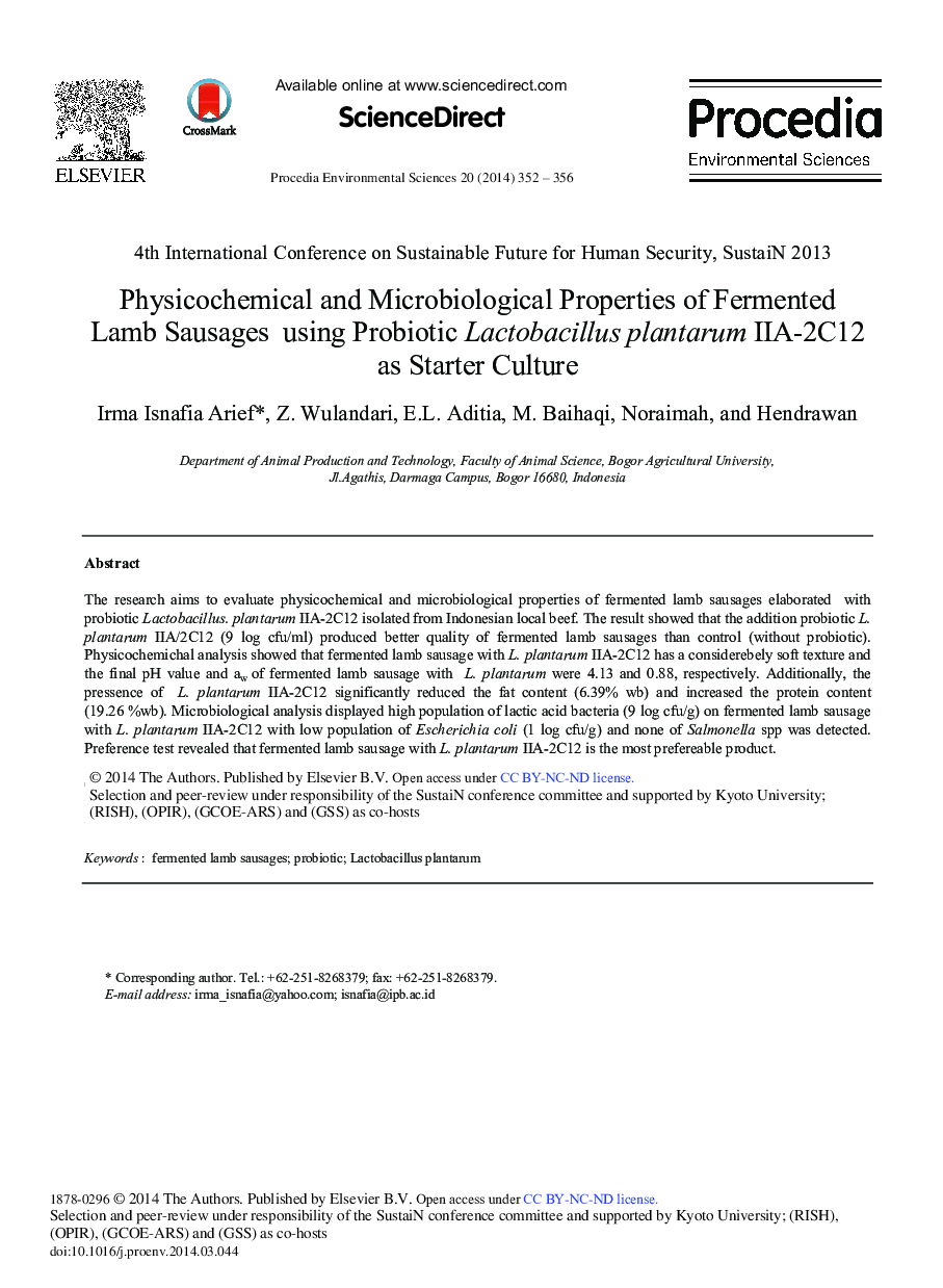 Physicochemical and Microbiological Properties of Fermented Lamb Sausages Using Probiotic Lactobacillus plantarum IIA-2C12 as Starter Culture 