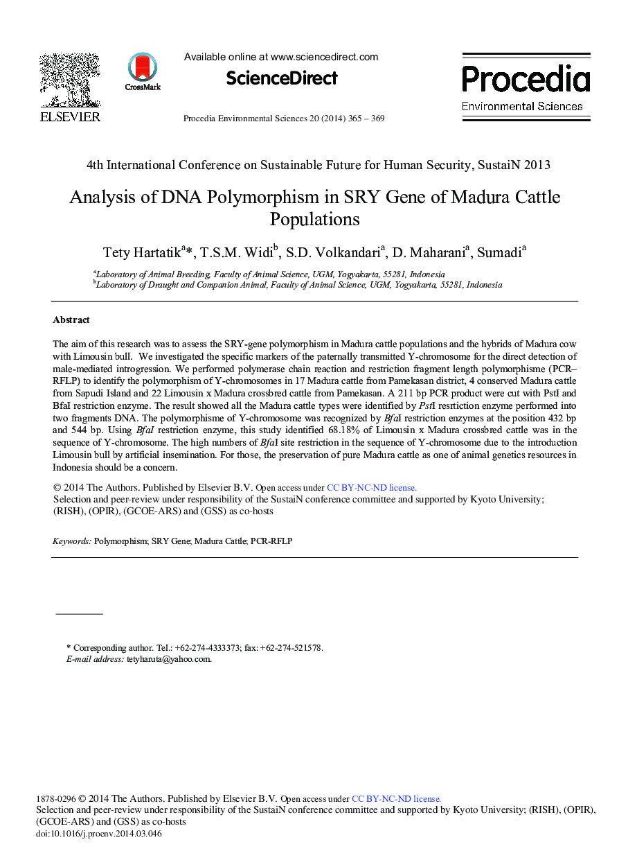 عکس صفحه اول مقاله: Analysis of DNA Polymorphism in SRY Gene of Madura Cattle Populations Analysis of DNA Polymorphism in SRY Gene of Madura Cattle Populations