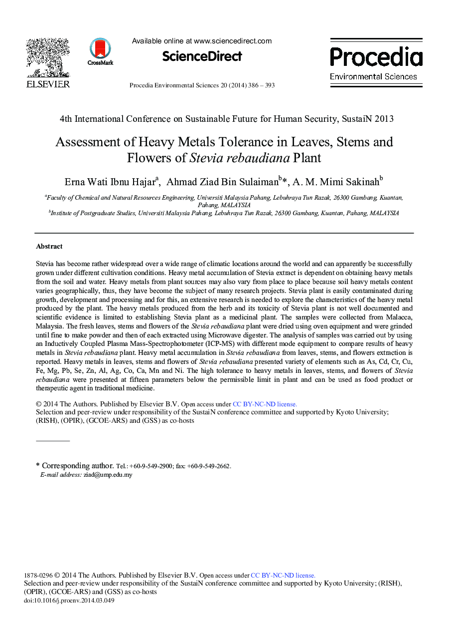 عکس صفحه اول مقاله: Assessment of Heavy Metals Tolerance in Leaves, Stems and Flowers of Stevia Rebaudiana Plant Assessment of Heavy Metals Tolerance in Leaves, Stems and Flowers of Stevia Rebaudiana Plant