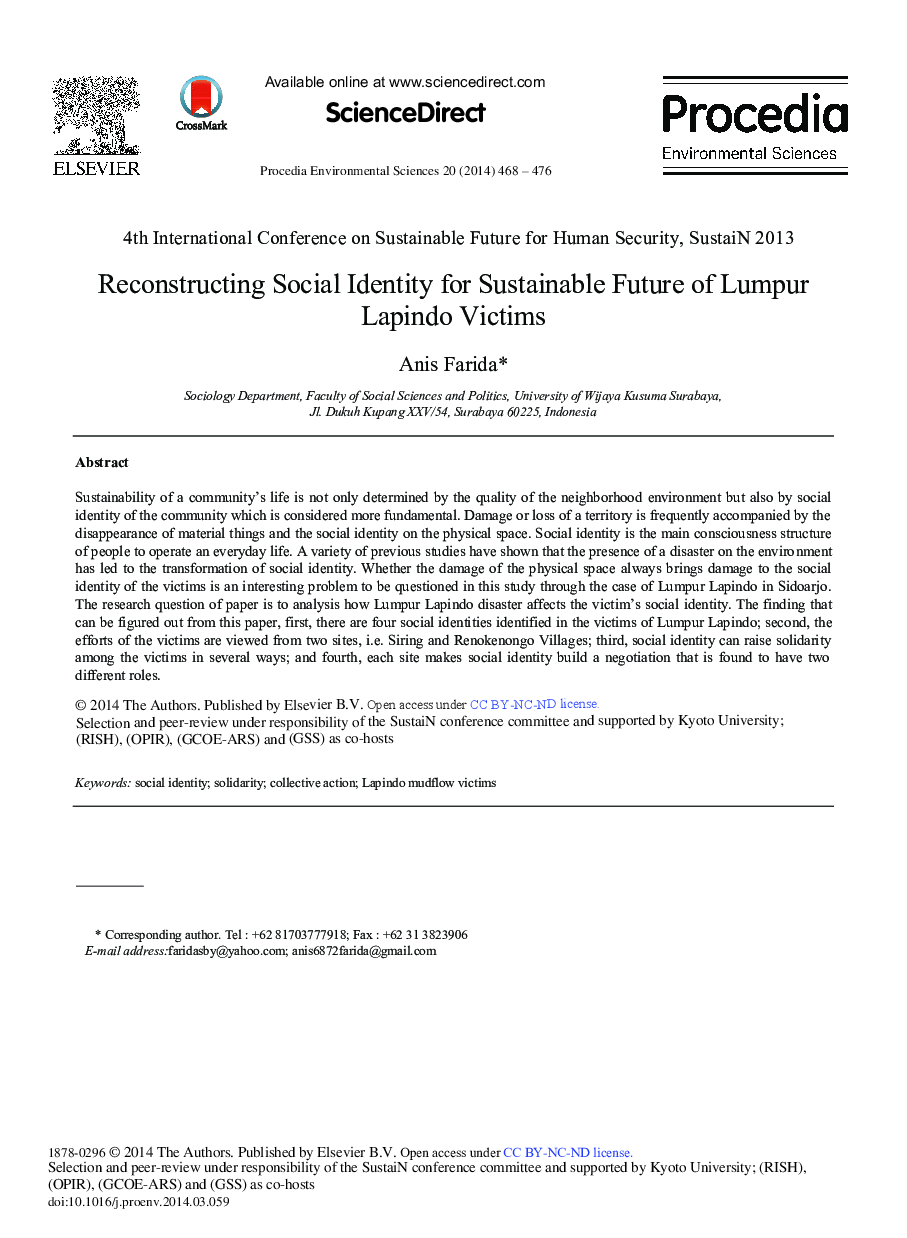 عکس صفحه اول مقاله: Reconstructing Social Identity for Sustainable Future of Lumpur Lapindo Victims Reconstructing Social Identity for Sustainable Future of Lumpur Lapindo Victims