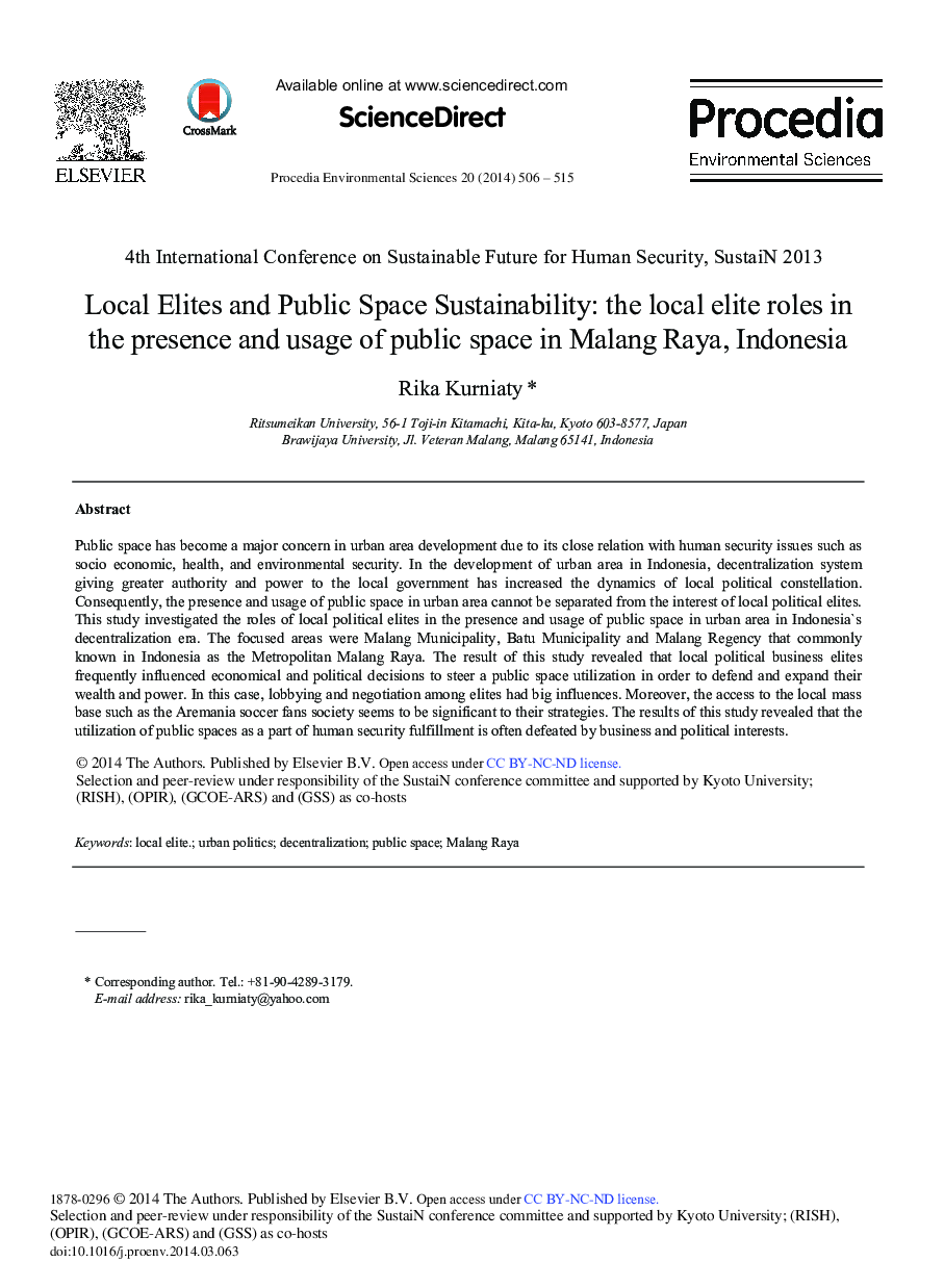 عکس صفحه اول مقاله: Local Elites and Public Space Sustainability: The Local Elite Roles in the Presence and Usage of Public Space in Malang Raya, Indonesia Local Elites and Public Space Sustainability: The Local Elite Roles in the Presence and Usage of Public Space in Malang Raya, Indonesia
