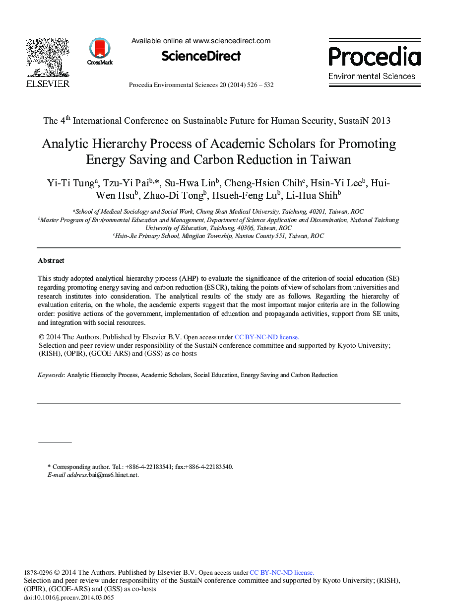عکس صفحه اول مقاله: Analytic Hierarchy Process of Academic Scholars for Promoting Energy Saving and Carbon Reduction in Taiwan Analytic Hierarchy Process of Academic Scholars for Promoting Energy Saving and Carbon Reduction in Taiwan