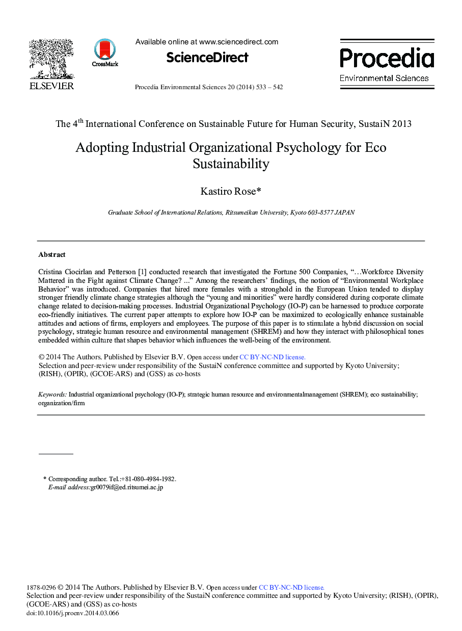 عکس صفحه اول مقاله: Adopting Industrial Organizational Psychology for Eco Sustainability Adopting Industrial Organizational Psychology for Eco Sustainability