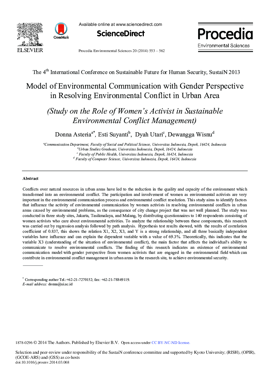 عکس صفحه اول مقاله: Model of Environmental Communication with Gender Perspective in Resolving Environmental Conflict in Urban Area (Study on the Role of Women's Activist in Sustainable Environmental Conflict Management) Model of Environmental Communication with Gender Perspective in Resolving Environmental Conflict in Urban Area (Study on the Role of Women's Activist in Sustainable Environmental Conflict Management)