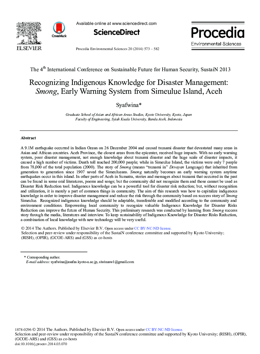 عکس صفحه اول مقاله: Recognizing Indigenous Knowledge for Disaster Management: Smong, Early Warning System from Simeulue Island, Aceh Recognizing Indigenous Knowledge for Disaster Management: Smong, Early Warning System from Simeulue Island, Aceh