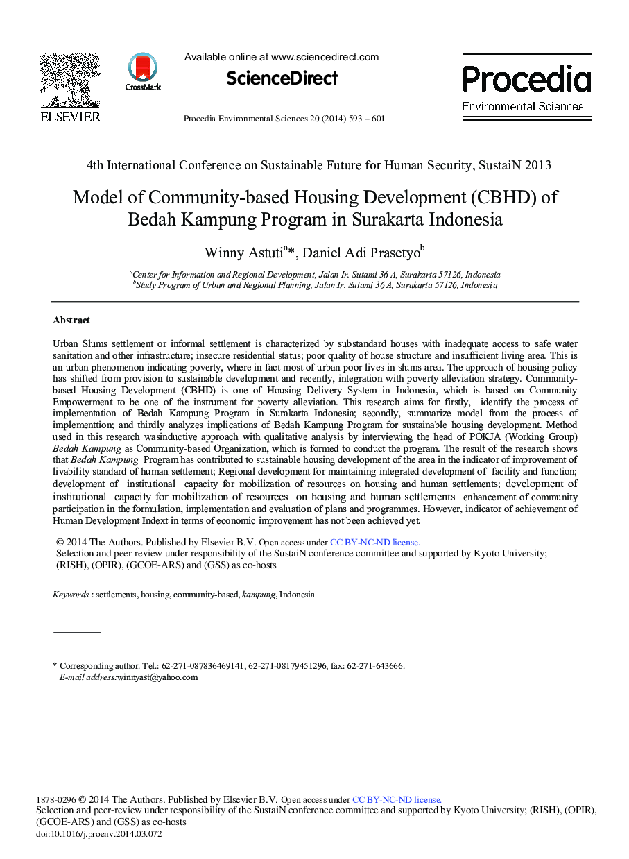 عکس صفحه اول مقاله: Model of Community-based Housing Development (CBHD) of Bedah Kampung Program in Surakarta Indonesia Model of Community-based Housing Development (CBHD) of Bedah Kampung Program in Surakarta Indonesia