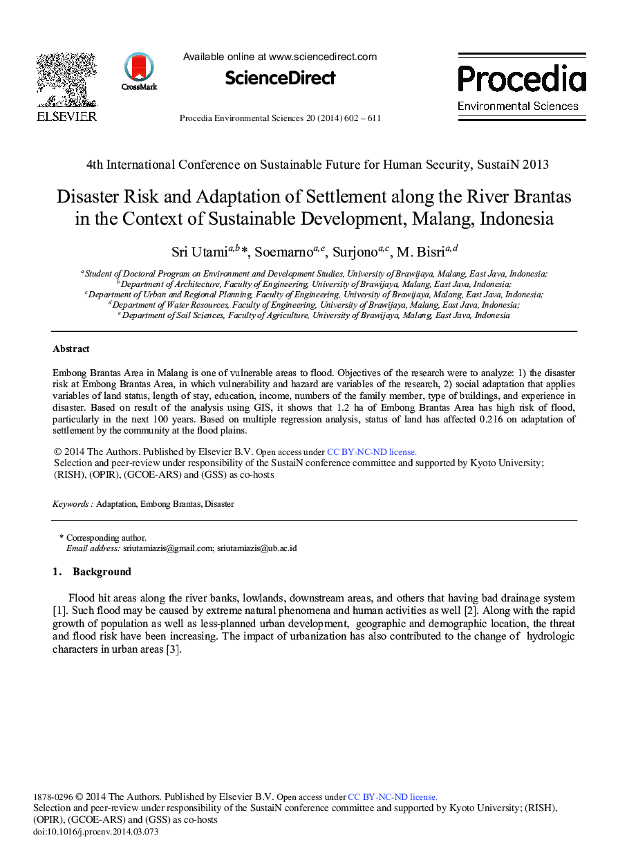عکس صفحه اول مقاله: Disaster Risk and Adaptation of Settlement along the River Brantas in the Context of Sustainable Development, Malang, Indonesia Disaster Risk and Adaptation of Settlement along the River Brantas in the Context of Sustainable Development, Malang, Indonesia