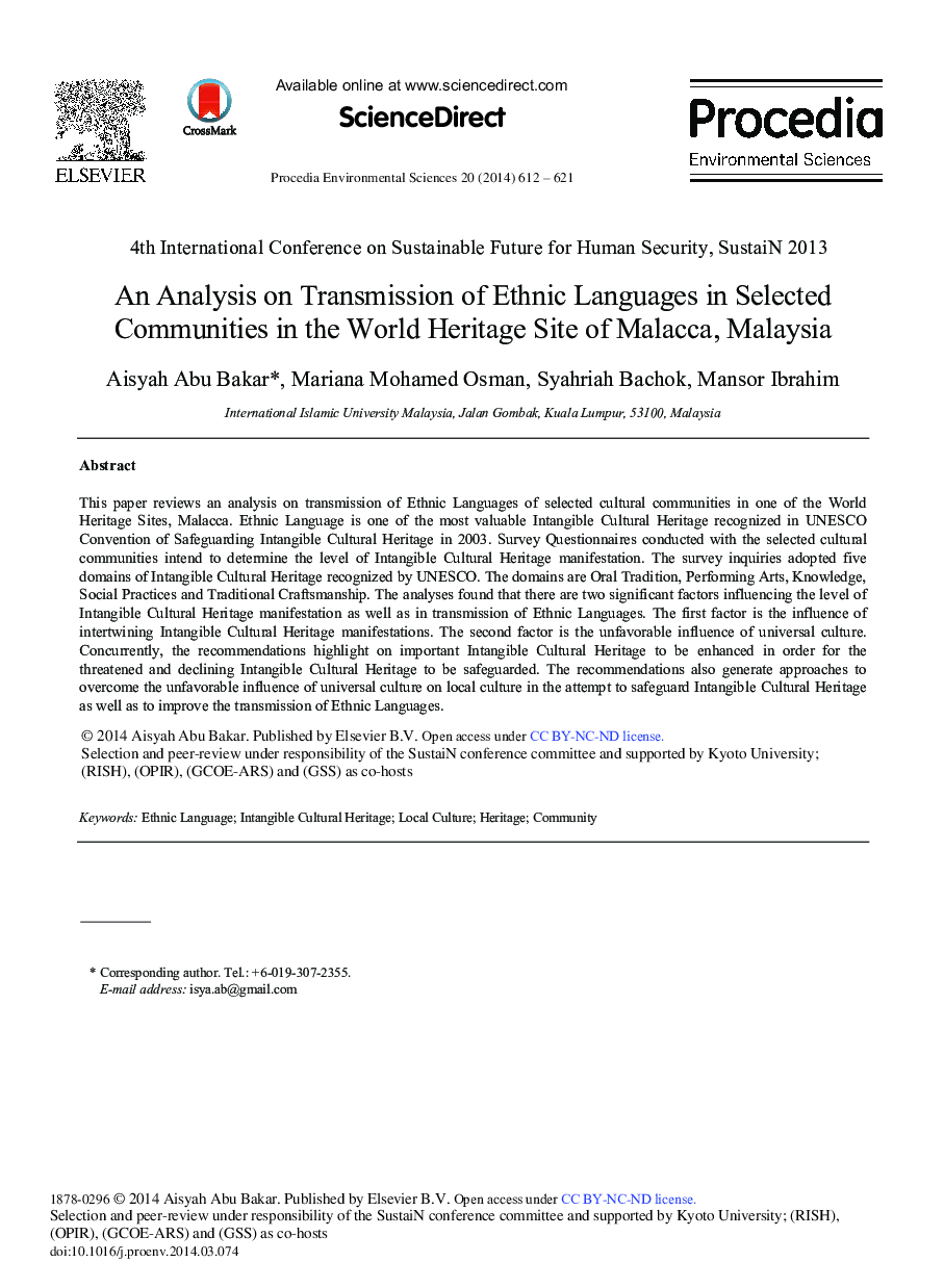 عکس صفحه اول مقاله: An Analysis on Transmission of Ethnic Languages in Selected Communities in the World Heritage Site of Malacca, Malaysia An Analysis on Transmission of Ethnic Languages in Selected Communities in the World Heritage Site of Malacca, Malaysia