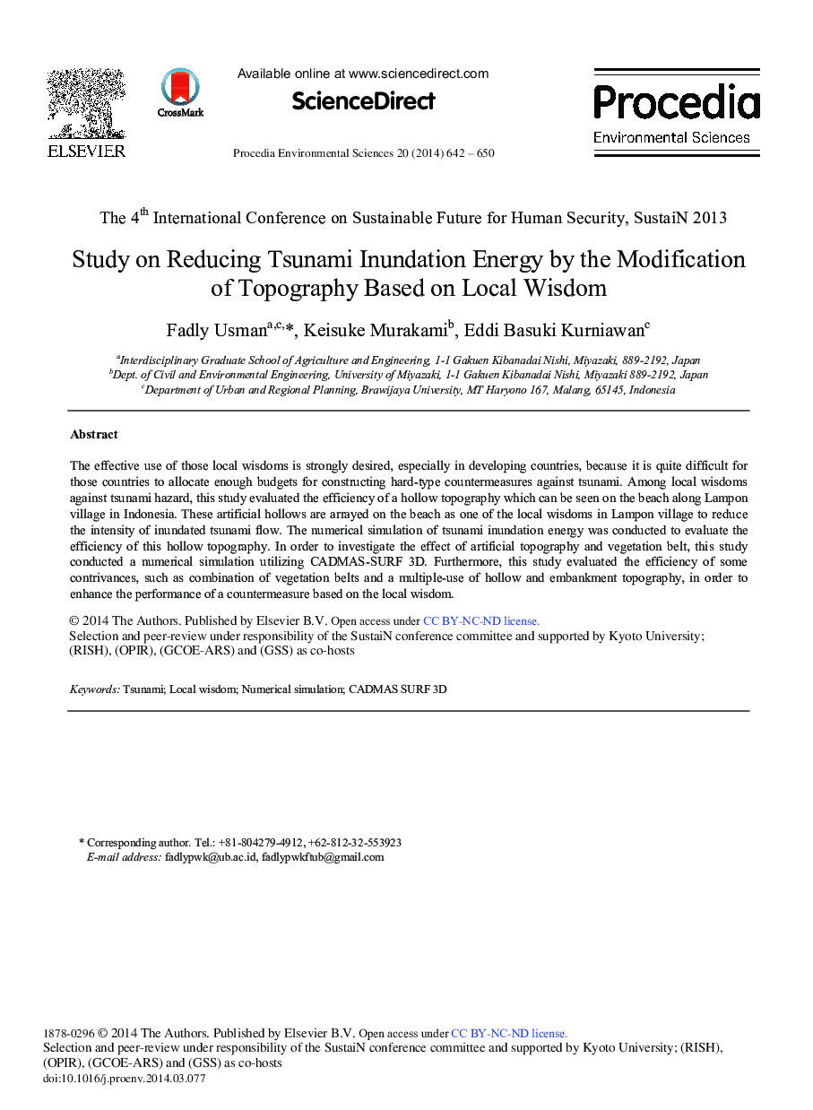 عکس صفحه اول مقاله: Study on Reducing Tsunami Inundation Energy by the Modification of Topography based on Local Wisdom Study on Reducing Tsunami Inundation Energy by the Modification of Topography based on Local Wisdom