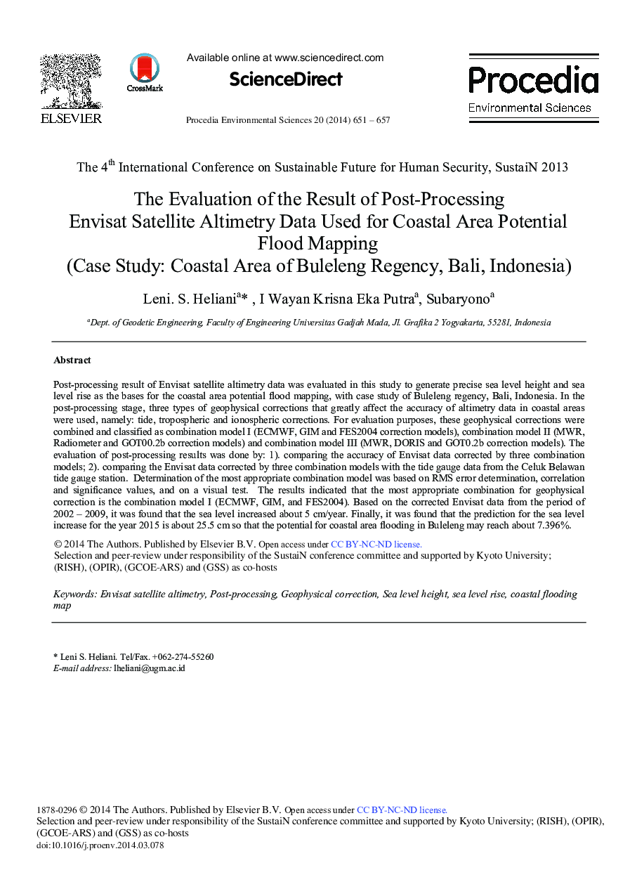 The Evaluation of the Result of Post-Processing Envisat Satellite Altimetry Data Used for Coastal Area Potential Flood Mapping (Case Study: Coastal Area of Buleleng Regency, Bali, Indonesia) 