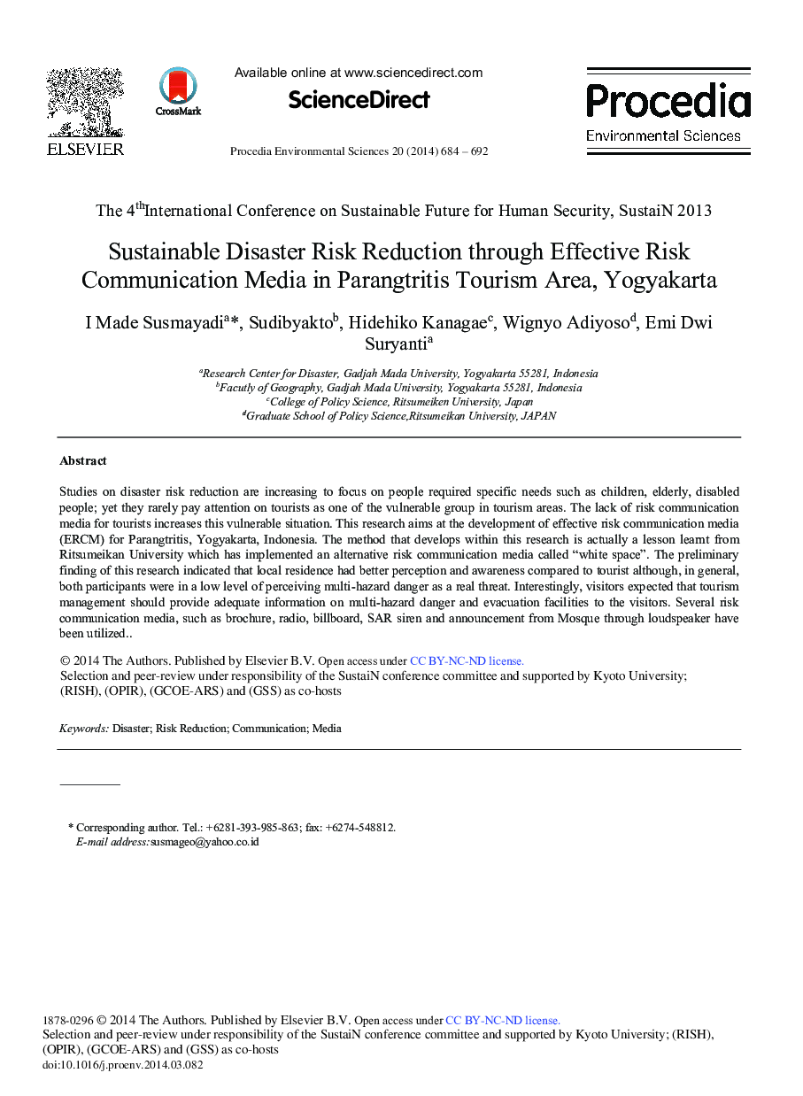 عکس صفحه اول مقاله: Sustainable Disaster Risk Reduction through Effective Risk Communication Media in Parangtritis Tourism Area, Yogyakarta Sustainable Disaster Risk Reduction through Effective Risk Communication Media in Parangtritis Tourism Area, Yogyakarta