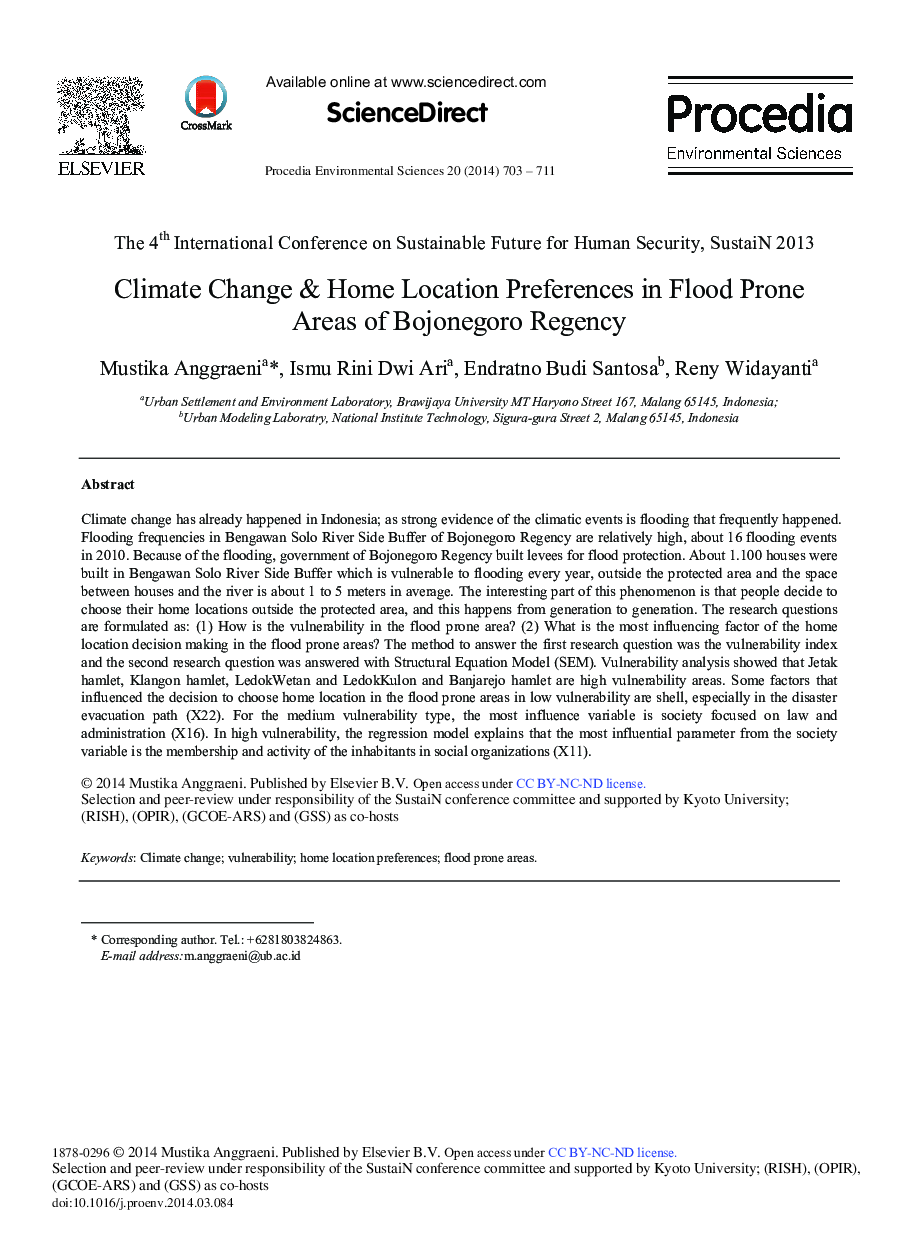 عکس صفحه اول مقاله: Climate Change & Home Location Preferences in Flood Prone Areas of Bojonegoro Regency Climate Change & Home Location Preferences in Flood Prone Areas of Bojonegoro Regency