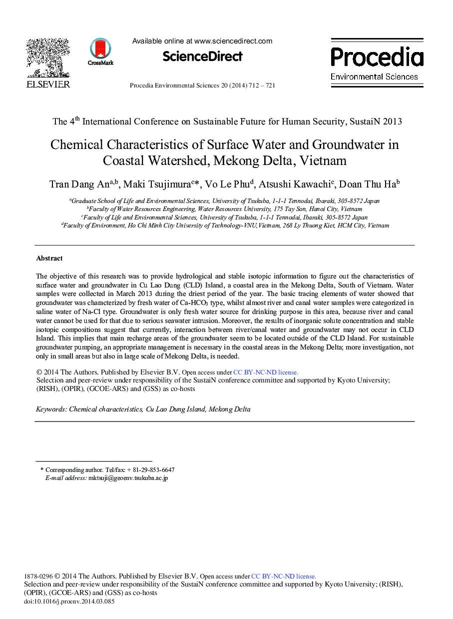 Chemical Characteristics of Surface Water and Groundwater in Coastal Watershed, Mekong Delta, Vietnam 