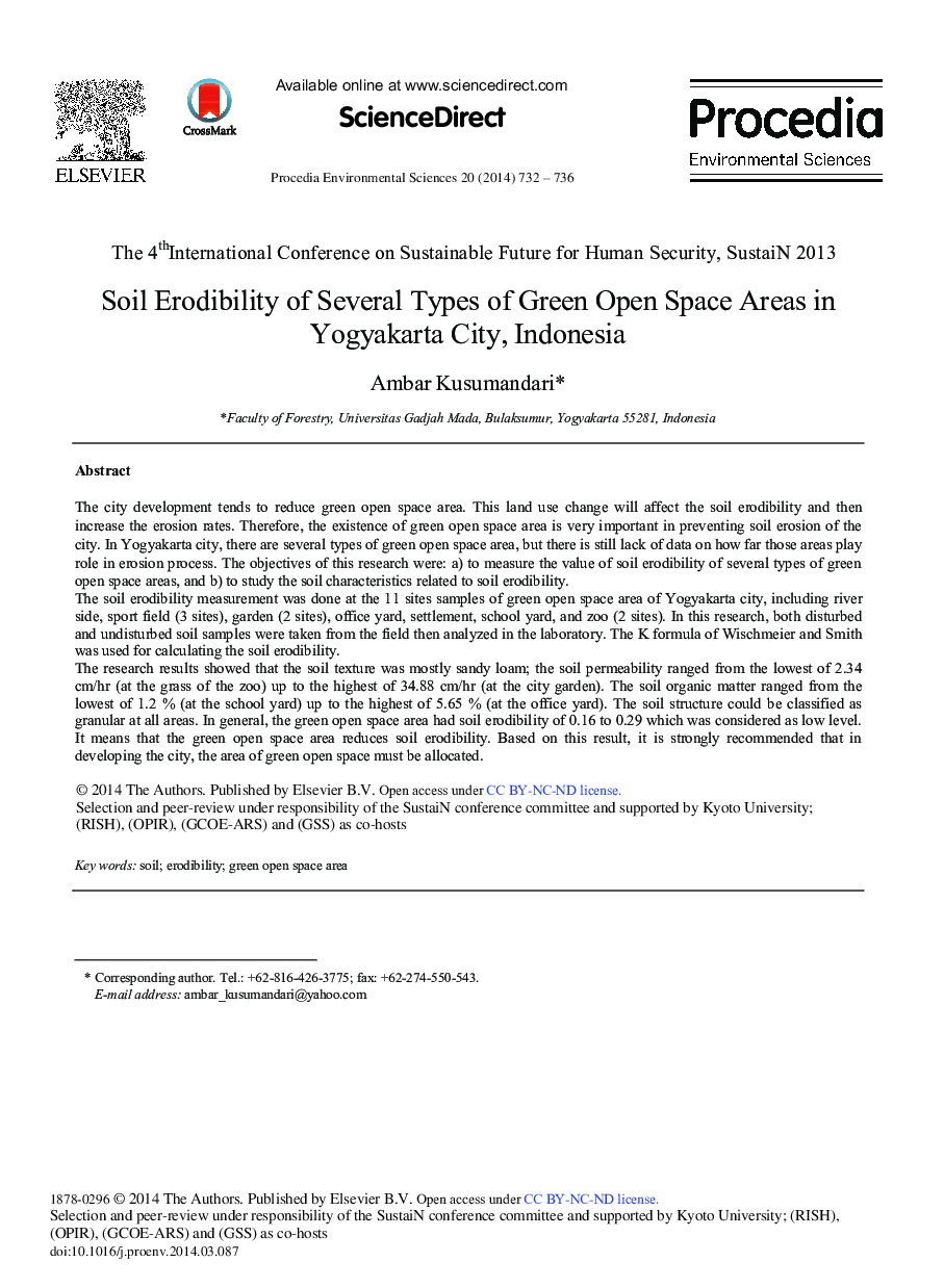 Soil Erodibility of Several Types of Green Open Space Areas in Yogyakarta City, Indonesia 