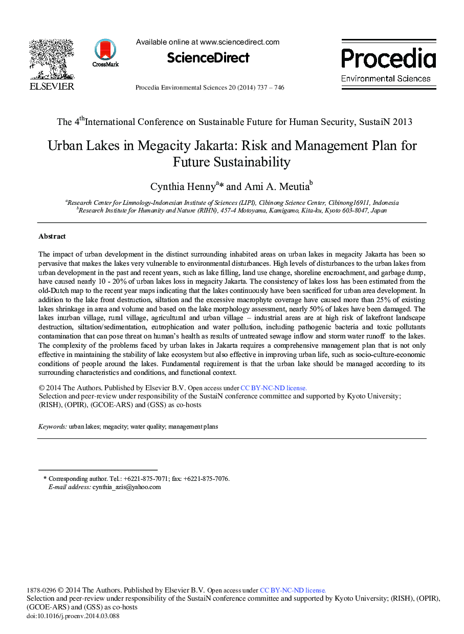 Urban Lakes in Megacity Jakarta: Risk and Management Plan for Future Sustainability 