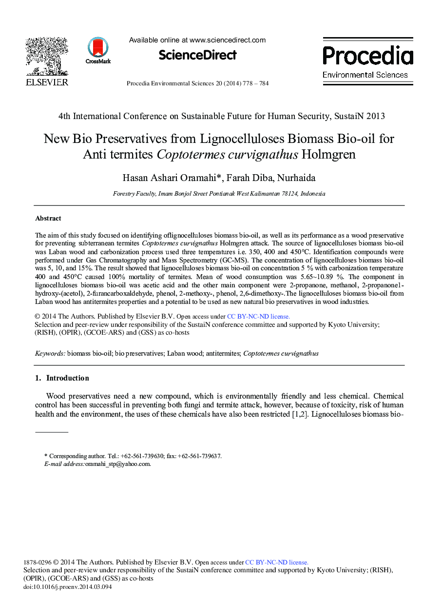 عکس صفحه اول مقاله: New Bio Preservatives from Lignocelluloses Biomass Bio-oil for Anti Termites Coptotermes Curvignathus Holmgren New Bio Preservatives from Lignocelluloses Biomass Bio-oil for Anti Termites Coptotermes Curvignathus Holmgren