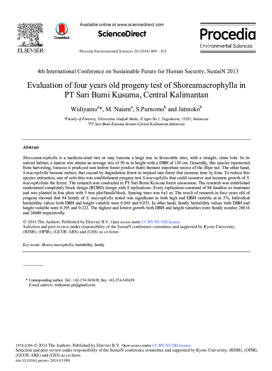 Evaluation of Four Years Old Progeny Test of Shoreamacrophylla in PT Sari Bumi Kusuma, Central Kalimantan 
