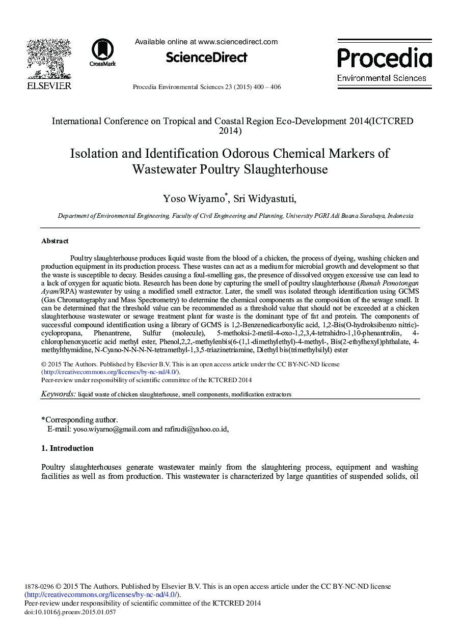 Isolation and Identification Odorous Chemical Markers of Wastewater Poultry Slaughterhouse 