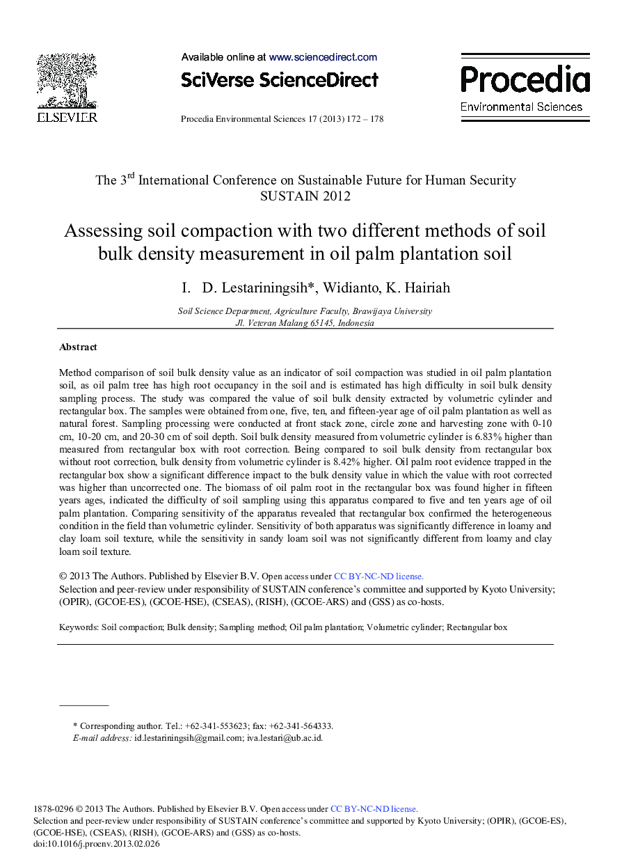 عکس صفحه اول مقاله: Assessing Soil Compaction with Two Different Methods of Soil Bulk Density Measurement in Oil Palm Plantation Soil Assessing Soil Compaction with Two Different Methods of Soil Bulk Density Measurement in Oil Palm Plantation Soil