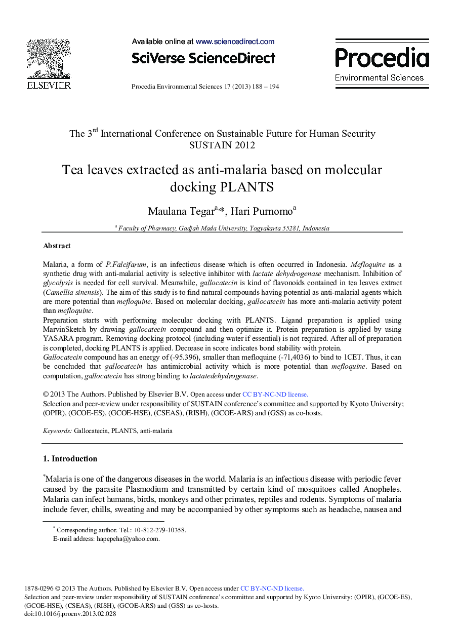عکس صفحه اول مقاله: Tea Leaves Extracted as Anti-Malaria based on Molecular Docking PLANTS Tea Leaves Extracted as Anti-Malaria based on Molecular Docking PLANTS